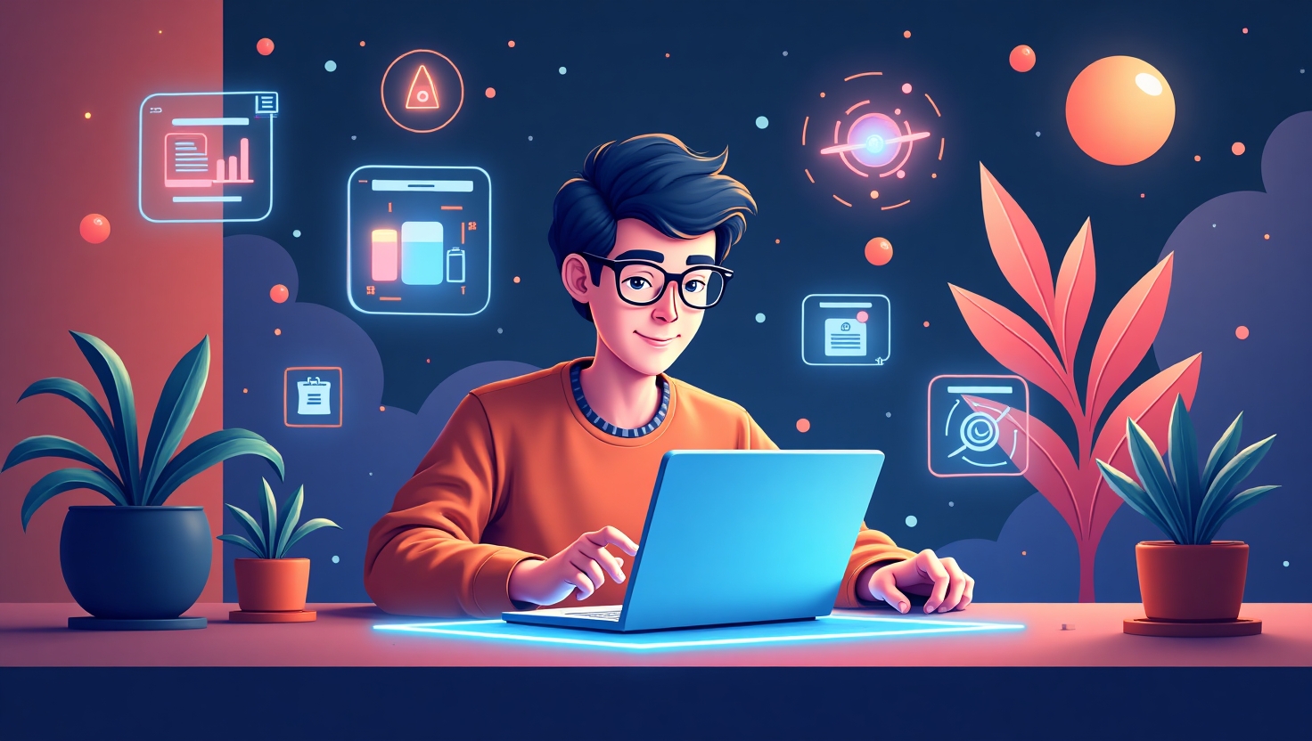 Illustration carrée d'un environnement numérique futuriste en flat design, représentant un créateur utilisant un ordinateur ou une tablette pour concevoir des effets AR avec des visualisations dynamiques de filtres et vidéos générés par intelligence artificielle en temps réel, ambiance innovante et inspirante, couleurs vibrantes inspirées de la palette (#54387D, #3E408D, #3C579D, #47C0B4, #58A17B, #80D07E, #A5DA6F, #E1A65F, #EFCA5E, #EBE263).