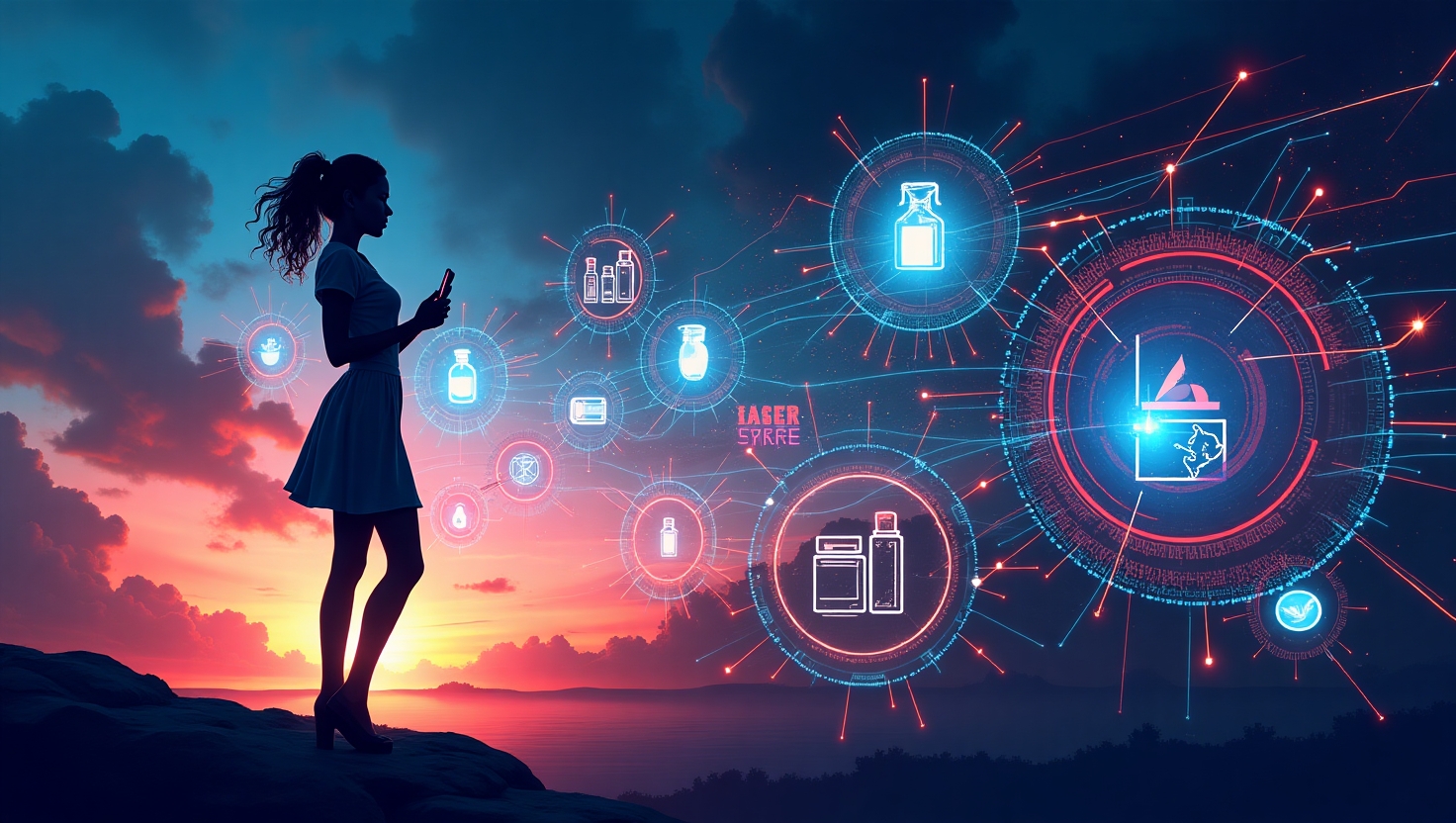 Illustration carrée d'une scène dynamique représentant une créativité numérique en pleine explosion, avec une silhouette stylisée d'une ambassadrice de la beauté entourée d'éléments visuels symbolisant la technologie AI, comme des circuits, des hologrammes et des sketches de produits cosmétiques en mouvement, dans un style moderne et professionnel. L'ambiance doit évoquer l'innovation, la connectivité et l'engagement communautaire, avec une palette de couleurs inspirée de ReelsForger (#54387D, #3E408D, #3C579D, #47C0B4, #58A17B, #80D07E, #A5DA6F, #E1A65F, #EFCA5E, #EBE263).