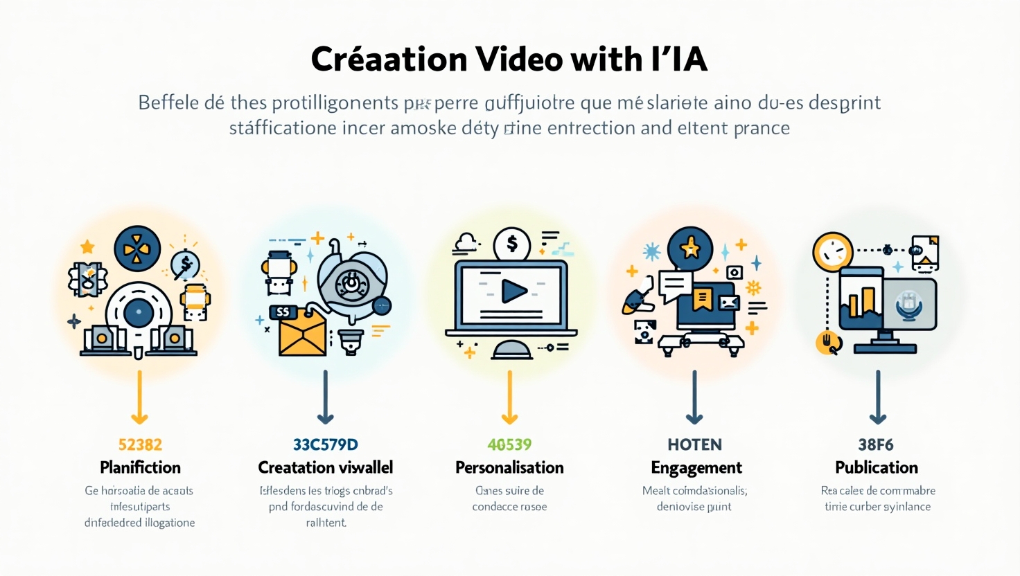 Illustration carrée en style infographique moderne et pédagogique représentant une étape complète de création vidéo avec l'IA, avec des éléments visuels symbolisant la planification, la génération de scripts, la création visuelle, la personnalisation, l'engagement et la publication. L'ambiance doit être claire, structurée et rassurante, avec une composition équilibrée et des icônes illustratives pour chaque étape, utilisant une palette de couleurs inspirée de ReelsForger (#54387D, #3E408D, #3C579D, #47C0B4, #58A17B, #80D07E, #A5DA6F, #E1A65F, #EFCA5E, #EBE263). Style infographie professionnelle, avec des lignes épurées, une typographie lisible et des couleurs vives mais harmonieuses.