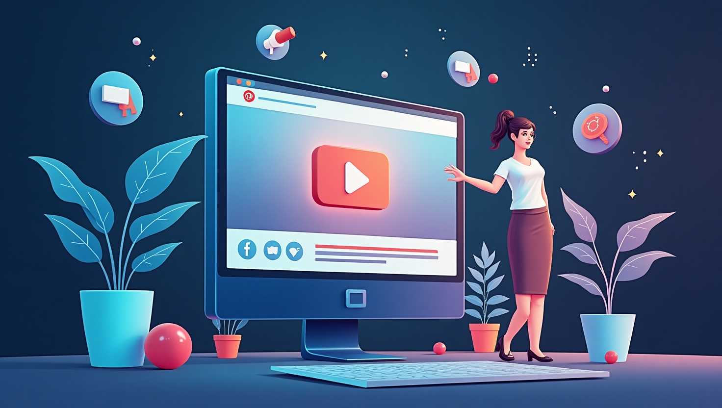 Illustration carrée en style réaliste et moderne représentant une scène de publicité numérique où un écran ou une tablette affiche une vidéo générée par intelligence artificielle, entouré d’éléments graphiques symbolisant l’engagement et la performance (icônes de clics, graphiques croissants, cœurs ou likes), ambiance professionnelle et innovante, palette de couleurs inspirée de ReelsForger (#54387D, #3E408D, #3C579D, #47C0B4, #58A17B, #80D07E, #A5DA6F, #E1A65F, #EFCA5E, #EBE263).
