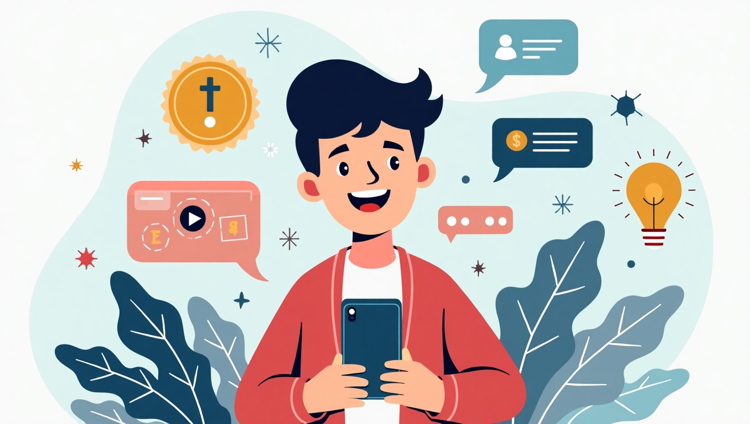 Illustration carrée en style réaliste et professionnel représentant un jeune créateur de contenu micro-influenceur tournant une vidéo verticale sur smartphone, entouré d’éléments symbolisant le sponsoring, l’affiliation, la vente directe, et le fan funding (badge, badge d’abonné, icônes de paiement). L’atmosphère doit évoquer la croissance, la stratégie et la réussite dans le domaine des réseaux sociaux, avec une palette de couleurs inspirée de ReelsForger (#54387D, #3E408D, #3C579D, #47C0B4, #58A17B, #80D07E, #A5DA6F, #E1A65F, #EFCA5E, #EBE263). Le style graphique doit être moderne, professionnel, avec une touche dynamique pour refléter l’énergie des vidéos courtes et la monétisation digitale.