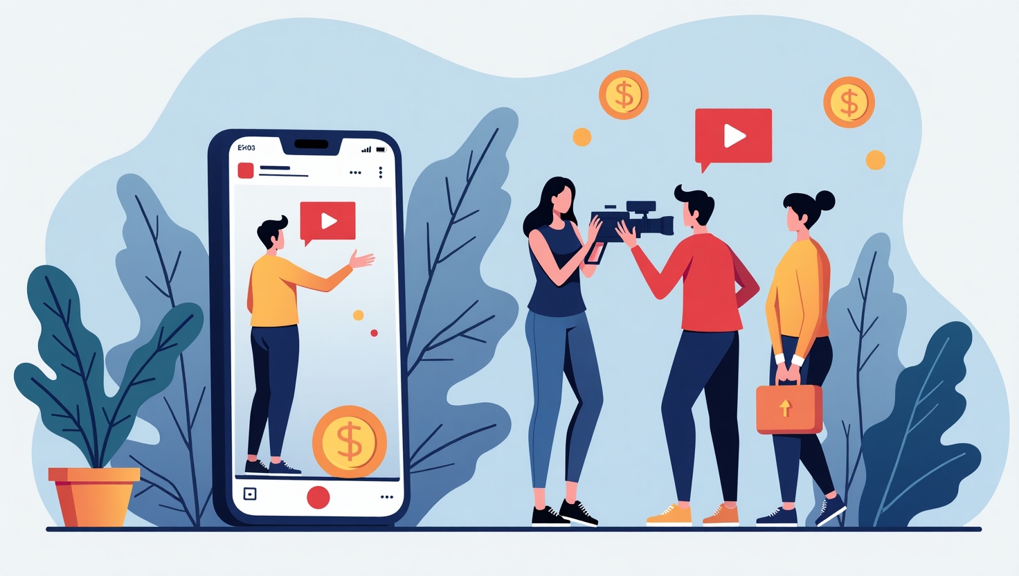 Illustration dynamique de créateurs de contenu vidéo en train de filmer ou éditer des vidéos Shorts sur un smartphone, avec des éléments visuels représentant la monétisation, comme des icônes de dollars ou de récompenses, dans un style moderne et minimaliste, ambiance inspirante et innovante, palette de couleurs inspirée de ReelsForger (#54387D, #3E408D, #3C579D, #47C0B4, #58A17B, #80D07E, #A5DA6F, #E1A65F, #EFCA5E, #EBE263), style illustration numérique en flat design, format carré.