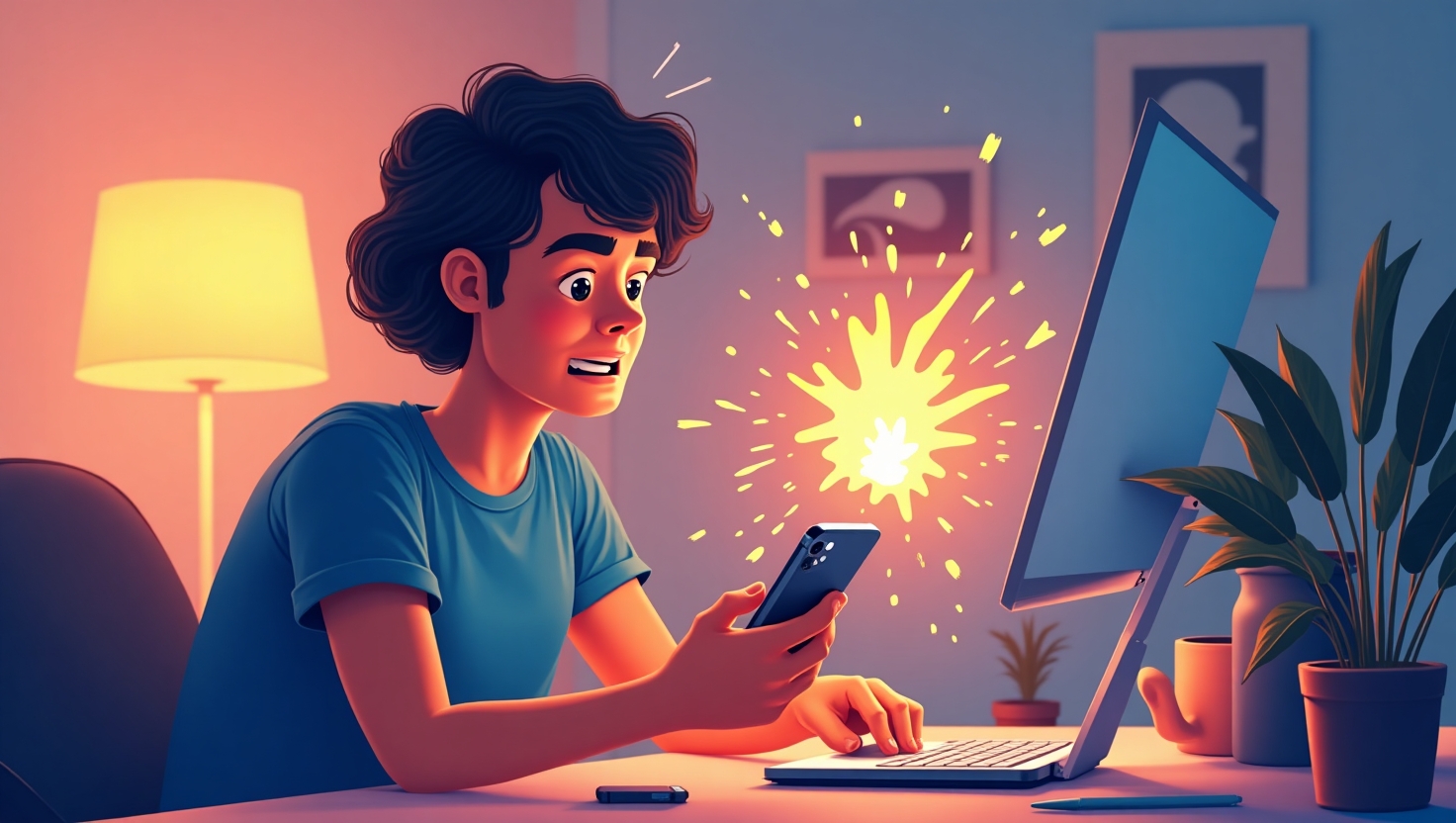 Illustration dynamique en style réaliste ou semi-réaliste montrant un créateur de contenu ou une équipe derrière un smartphone, rient ou exprimant une émotion authentique après une erreur ou un tournage raté, avec des éléments visuels subtils de vidéos non parfaites comme un crash, un bug ou un écueil, dans un environnement digital moderne. L’image doit transmettre une ambiance optimiste et honnête, soulignant la puissance de l’authenticité et de l’imperfection pour créer une connexion avec le public. Palette de couleurs inspirée de ReelsForger (#54387D, #3E408D, #3C579D, #47C0B4, #58A17B, #80D07E, #A5DA6F, #E1A65F, #EFCA5E, #EBE263). Style professionnel, lumineux, et engageant, format carré.