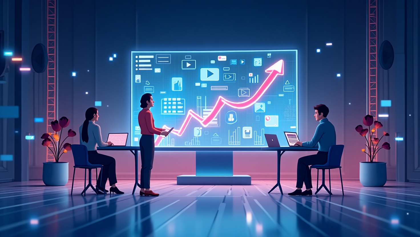 Illustration futuriste en flat design représentant une scène dynamique où des créateurs et des professionnels du marketing interagissent avec des écrans holographiques affichant des graphiques de croissance, des icônes de vidéo et d'intelligence artificielle. L'ambiance est moderne, technologique, avec une palette de couleurs inspirée de ReelsForger : #54387D, #3E408D, #3C579D, #47C0B4, #58A17B, #80D07E, #A5DA6F, #E1A65F, #EFCA5E, #EBE263. Le style graphique est en flat design, mettant en valeur la rapidité de la croissance et l'innovation dans la publicité vidéo digitale alimentée par l'IA, avec une composition en paysage pour une meilleure lisibilité des éléments futuristes et technologiques.