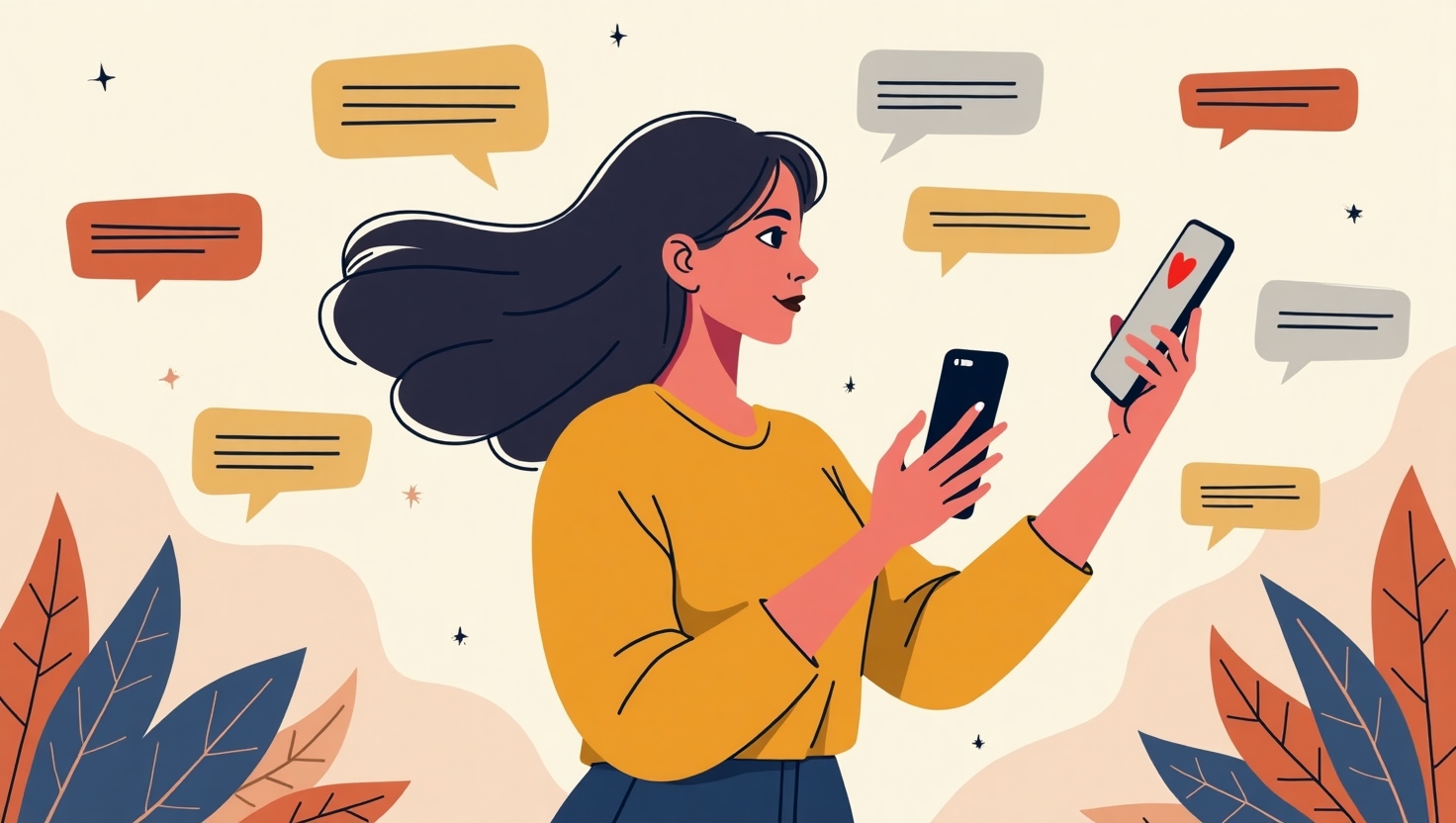 Illustration moderne et inspirante en style réaliste ou semi-réaliste d'une femme charismatique enregistrant une vidéo sur un smartphone, entourée d'éléments visuels évoquant le storytelling et la connexion émotionnelle, comme des bulles de dialogue contenant des histoires, un fond évoquant un paysage simple mais engageant, avec des touches humoristiques et authentiques. Palette de couleurs inspirée des teintes #54387D, #3E408D, #3C579D, #47C0B4, #58A17B, #80D07E, #A5DA6F, #E1A65F, #EFCA5E, #EBE263, pour une esthétique chaleureuse, accessible et motivante, format carré, ambiance dynamique et sincère.