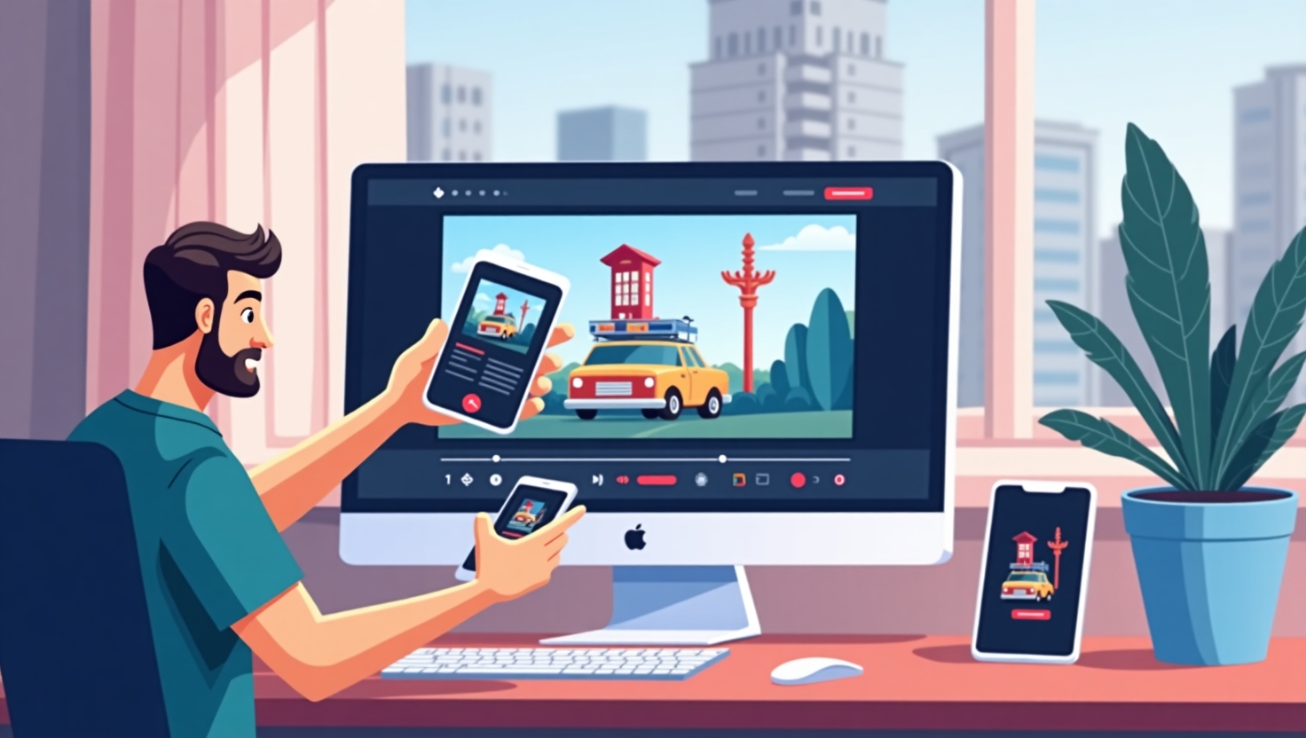 Illustration moderne et épurée d'un créateur ou un professionnel utilisant une interface intuitive sur un smartphone ou une tablette pour personnaliser une vidéo verticale. La scène met en avant des éléments graphiques représentant le montage vidéo, comme des outils, des options de couleur, des icônes de musique et de branding, dans un style digital flat design. L’ambiance est dynamique et optimiste, évoquant la simplicité et la rapidité, avec une palette de couleurs inspirée de ReelsForger (#54387D, #3E408D, #3C579D, #47C0B4, #58A17B, #80D07E, #A5DA6F, #E1A65F, #EFCA5E, #EBE263). L’image doit illustrer l’idée d’une création vidéo facile, accessible à tous, sans compétence technique, dans un format carré adaptant un rendu professionnel et innovant.
