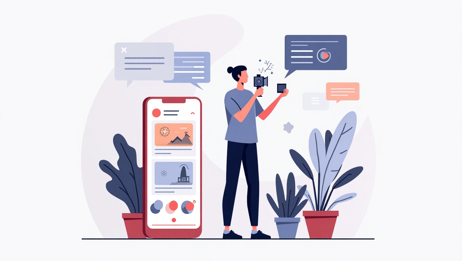 Illustration numérique moderne d'un créateur de contenu utilisant un smartphone vertical pour réaliser un Short, entouré d'effets visuels générés par l'IA, avec une interface futuriste montrant des suggestions de styles, d'effets et d'ambiance. L'image doit refléter l'innovation technologique, la créativité facilitée, et une ambiance dynamique et inspirante. Style épuré et contemporain avec une palette de couleurs inspirée de la marque, utilisant les tons #54387D, #3E408D, #3C579D, #47C0B4, #58A17B, #80D07E, #A5DA6F, #E1A65F, #EFCA5E, #EBE263, dans une composition en flat design ou illustration digitale, sur un fond clair ou stylisé évoquant la modernité et la technologie.