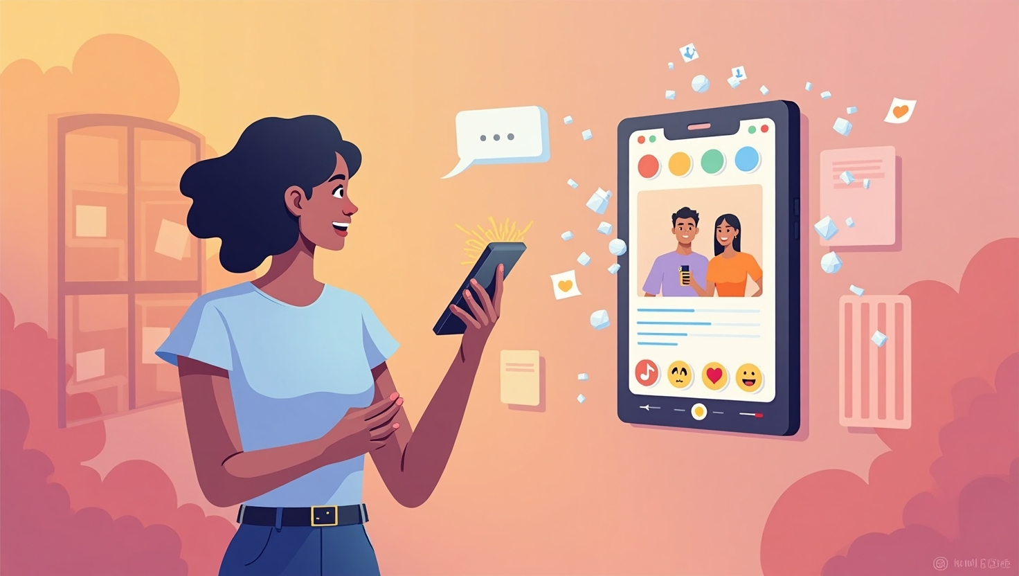 Une illustration moderne et dynamique en style semi-réaliste représentant un créateur de contenu utilisant une application mobile pour générer une voix synthétique pour sa vidéo TikTok verticale. La scène inclut un smartphone affichant une interface de génération vocale avec des options multilingues, des représentations d'ondes sonores, des icônes de dialogue et de mouvement. L’ambiance doit évoquer l’innovation technologique, la créativité facilitée, avec une palette de couleurs inspirée des teintes #54387D, #3E408D, #3C579D, #47C0B4, #58A17B, #80D07E, #A5DA6F, #E1A65F, #EFCA5E, #EBE263. Le style graphique est une illustration numérique claire, moderne et engageante, soulignant l’aspect révolutionnaire de la nouvelle fonctionnalité dans un contexte de production vidéo verticale.