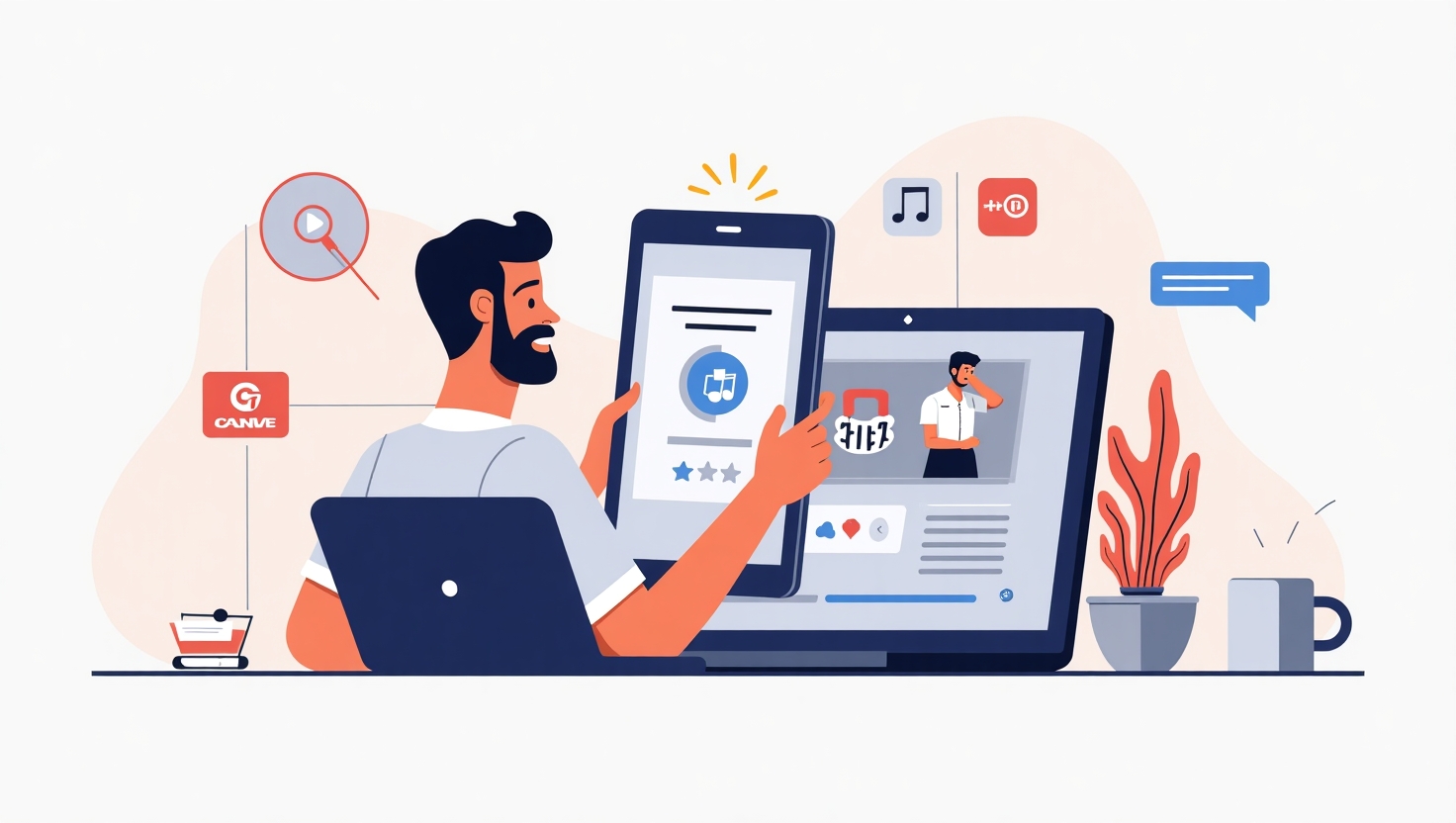 Une illustration moderne et dynamique représentant un créateur de contenu utilisant une interface intuitive sur un ordinateur ou une tablette, générant facilement une vidéo verticale avec des éléments visuels, des icônes de musique, de voix off et de branding, dans un style numérique et professionnel. L'ambiance doit être inspirante, mettant en avant la simplicité et la rapidité du processus, avec une palette de couleurs inspirée de ReelsForger : #54387D, #3E408D, #3C579D, #47C0B4, #58A17B, #80D07E, #A5DA6F, #E1A65F, #EFCA5E, #EBE263. Illustration carrée, style moderne et épuré, évoquant l'automatisation et la créativité dans la création vidéo.