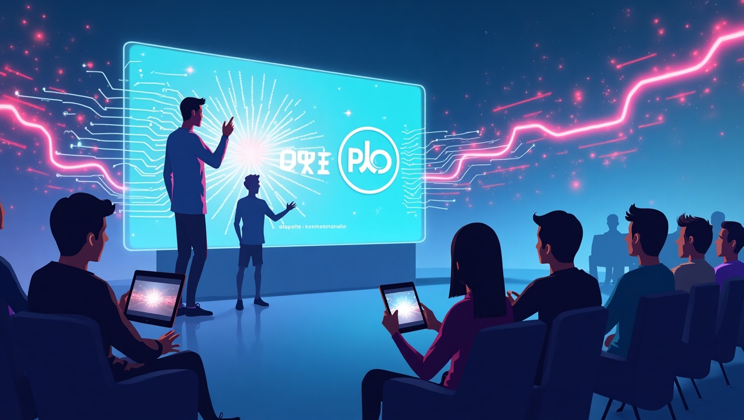 Une illustration moderne et dynamique représentant une scène de création vidéo interactive pour une marque sportive, avec des éléments graphiques évoquant l'intelligence artificielle, la personnalisation et le marketing digital. L’image montre une silhouette d’un créateur ou d’un designer utilisant un écran holographique ou un dispositif numérique avancé, entourée de motifs abstraits de circuits et de flux de données symbolisant l’IA. En arrière-plan, des silhouettes de fans ou de spectateurs engagés regardant des vidéos sur divers appareils, illustrant le lien avec la communauté. Style numérique semi-réaliste ou flat design, ambiance innovante et hautement technologique, dans une palette de couleurs inspirée de ReelsForger (#54387D, #3E408D, #3C579D, #47C0B4, #58A17B, #80D07E, #A5DA6F, #E1A65F, #EFCA5E, #EBE263), format carré.