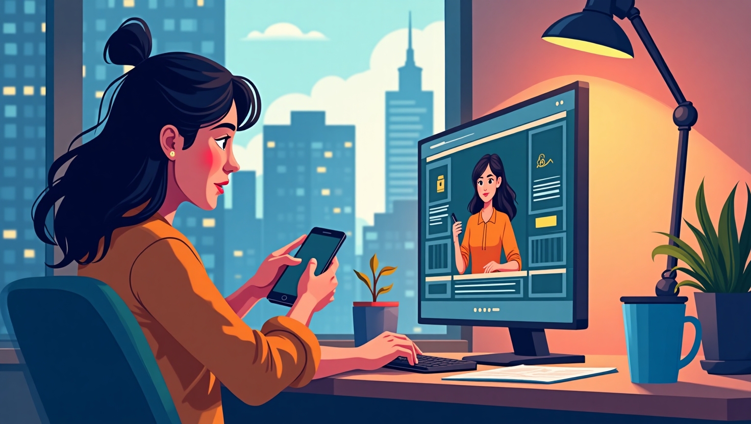 Une illustration moderne et dynamique représentant une scène urbaine ou de travail vue sur un mobile, où une personne regarde une vidéo silencieuse à l'écran, avec des éléments visuels forts comme des sous-titres clairs, des graphismes animés, et des visages expressifs qui transmettent des émotions sans son, dans un style graphique épuré et professionnel, mettant en valeur l'importance de la narration visuelle et du social média innovation, ambiance inspirante et engagée, utilisant la palette de couleurs ReelsForger (#54387D, #3E408D, #3C579D, #47C0B4, #58A17B, #80D07E, #A5DA6F, #E1A65F, #EFCA5E, #EBE263), format carré pour optimiser l'impact visuel.