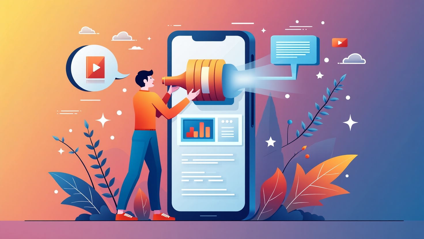 Illustration carrée en style digital moderne représentant un créateur de contenu ou un marketeur passionné, lançant une vidéo sur un grand smartphone ou écran numérique avec des éléments visuels dynamiques comme des hooks visuels percutants, des couleurs vives correspondant à une palette inspirée de la marque (#54387D, #3E408D, #3C579D, #47C0B4, #58A17B, #80D07E, #A5DA6F, #E1A65F, #EFCA5E, #EBE263), mettant en avant des éléments comme un logo, une police accrocheuse, et un CTA immédiat. L’ambiance doit être positive, énergique, et orientée action, avec un focus sur la captation instantanée et la structuration claire de la vidéo, illustrant le concept de techniques efficaces pour capter l’attention dès la première seconde.