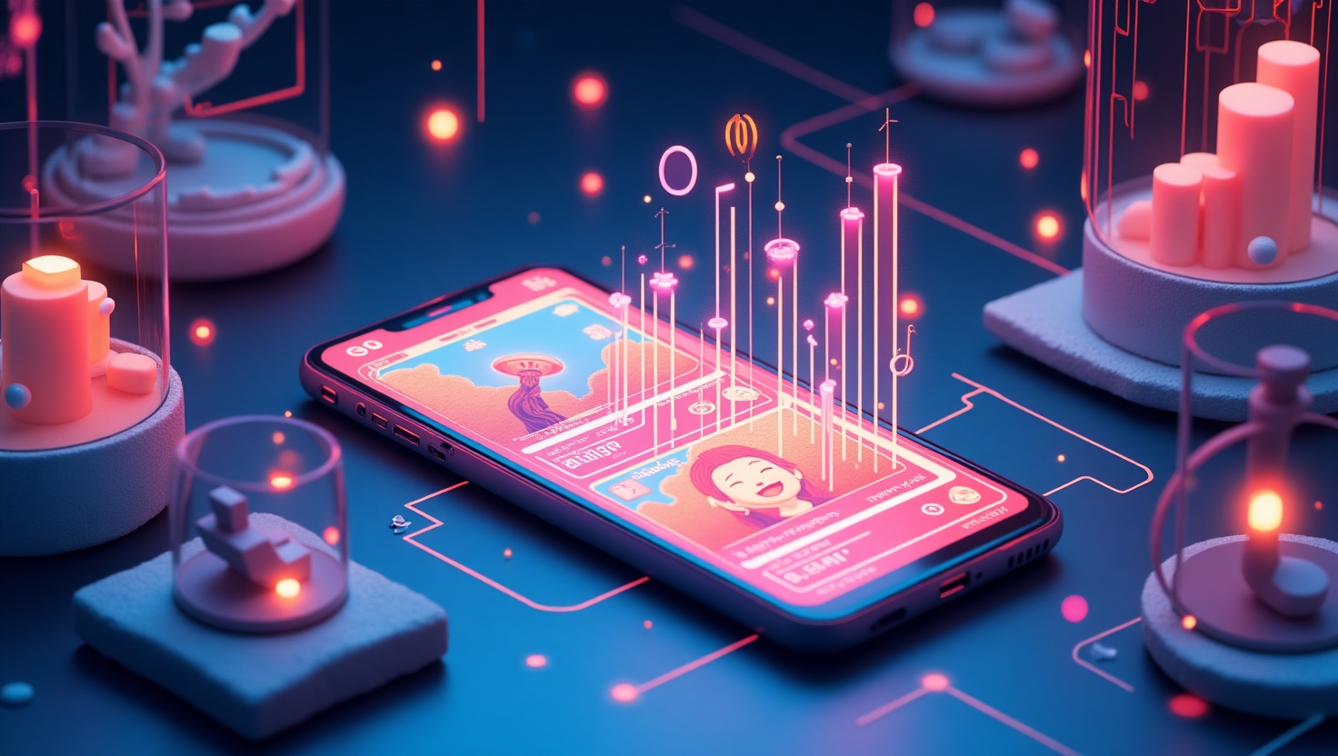 Instagram lance les Stories Music Vidéo IA : la révolution créative débarque enfin Illustration carrée en style futuriste et dynamique représentant une scène immersive où un smartphone affiche des Stories vidéo avec des effets musicaux créés par intelligence artificielle, entouré d'éléments visuels évoquant la créativité numérique, la musique et l'innovation, ambiance moderne et inspirante, palette ReelsForger (#54387D, #3E408D, #3C579D, #47C0B4, #58A17B, #80D07E, #A5DA6F, #E1A65F, #EFCA5E, #EBE263).