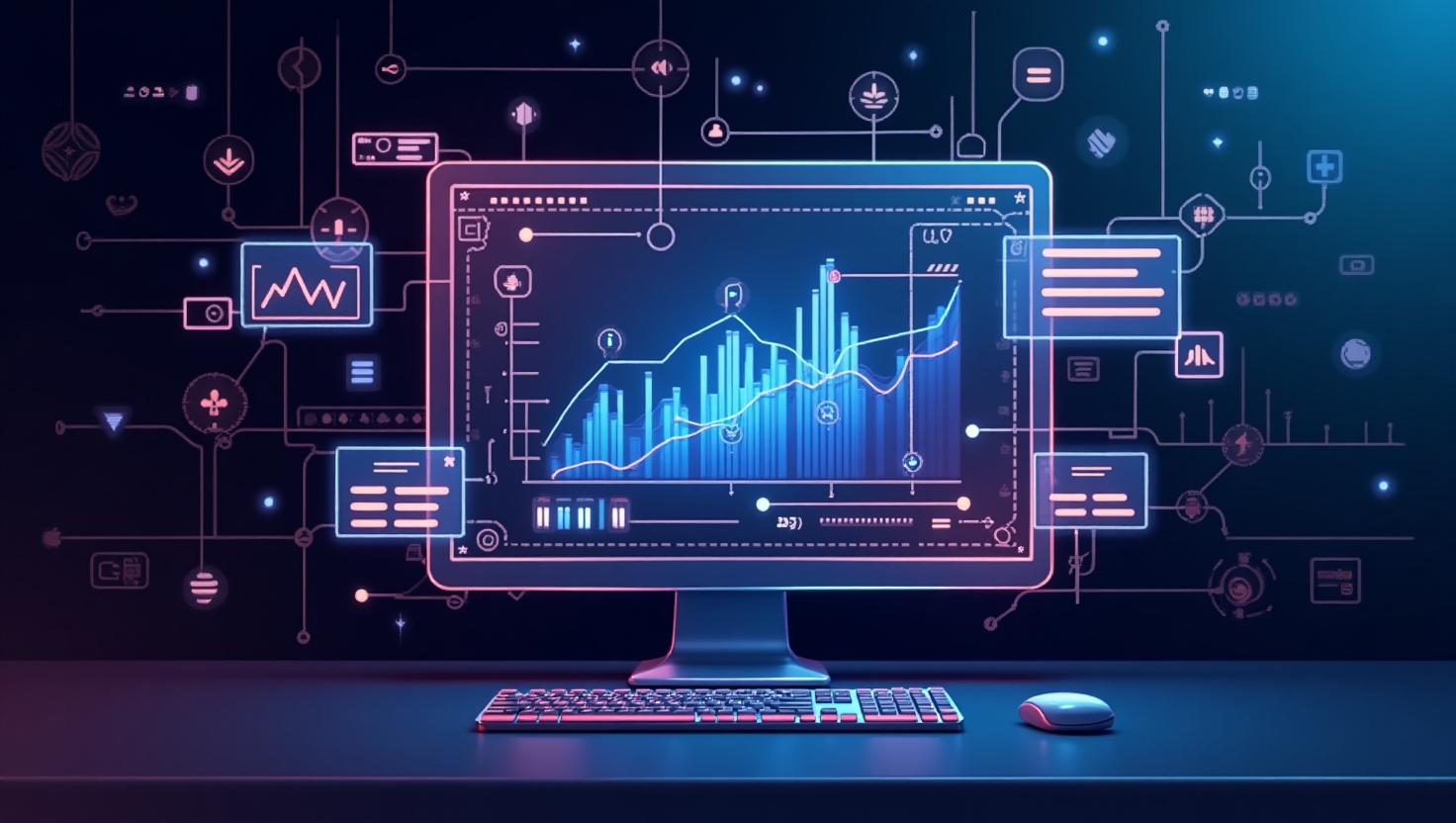 LinkedIn lance son IA générative pour décupler l’impact de vos vidéos B2B Illustration carrée en style futuriste et professionnel représentant un écran d'ordinateur ou une interface numérique affichant des graphiques, des suggestions de séquences et des indicateurs d'engagement pour des vidéos B2B, entouré d'éléments visuels évoquant l'intelligence artificielle et l'analyse de données, avec une ambiance innovante, dynamique et axée sur la technologie, palette ReelsForger (#54387D, #3E408D, #3C579D, #47C0B4, #58A17B, #80D07E, #A5DA6F, #E1A65F, #EFCA5E, #EBE263).