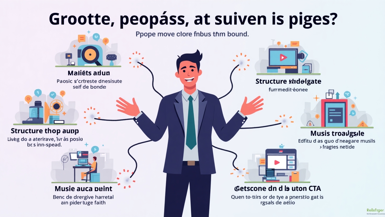 Illustration carrée en style infographie moderne, représentant un créateur de vidéos IA entouré de cinq pièges visuels symbolisant des erreurs courantes : prompts flous, musique inadéquate, structure narrative faible, intro trop longue et absence de bouton CTA, avec des lignes de correction ou d'amélioration clairement indiquées. L’atmosphère doit être dynamique et accessible, inspirée d’une ambiance pratico-pratique et motivante, en utilisant une palette de couleurs vibrant dans les tons de purple et de vert (inspirée de la palette ReelsForger #54387D, #3E408D, #3C579D, #47C0B4, #58A17B, #80D07E, #A5DA6F, #E1A65F, #EFCA5E, #EBE263).