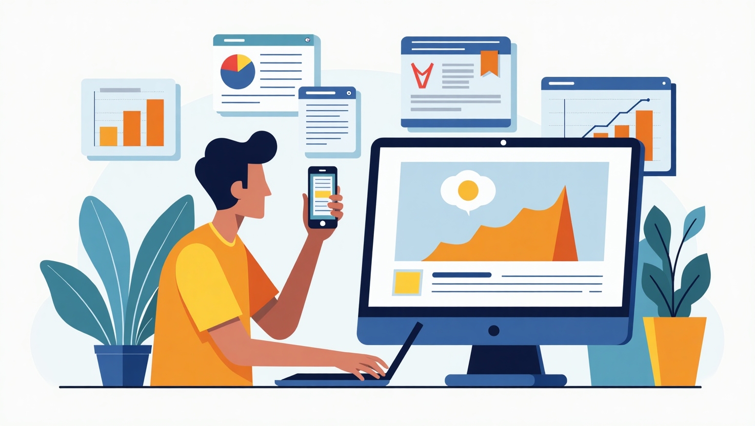 Comment HugoDécrypte a bâti un média vidéo n°1 chez les 15-35 ans Illustration carrée en style infographique moderne représentant un créateur vidéo dynamique en train de filmer sur un smartphone avec un fond illustrant des écrans de réseaux sociaux en mode vertical, entouré de symboles de workflows, de calendriers de publication, de graphiques de croissance et de métriques publiques, avec une hiérarchie visuelle claire. Palette de couleurs inspirée de ReelsForger (#54387D, #3E408D, #3C579D, #47C0B4, #58A17B, #80D07E, #A5DA6F, #E1A65F, #EFCA5E, #EBE263), style épuré, professionnel et pédagogique, illustrant la success story et la stratégie éditoriale dans un ton précis et informatif, format carré.