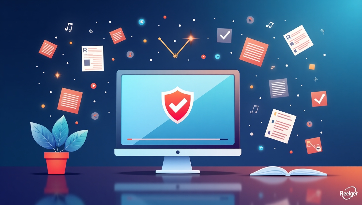 Meta lance ses outils de vérification des droits d’auteur : ce qui change vraiment pour vos vidéos Illustration carrée en style moderne et professionnel représentant un écran d'ordinateur ou une plateforme vidéo avec des symboles de verrouillage, de documents et de vérification, évoquant la gestion des droits d'auteur pour des vidéos, ambiance innovante et sérieuse, palette ReelsForger (#54387D, #3E408D, #3C579D, #47C0B4, #58A17B, #80D07E, #A5DA6F, #E1A65F, #EFCA5E, #EBE263).