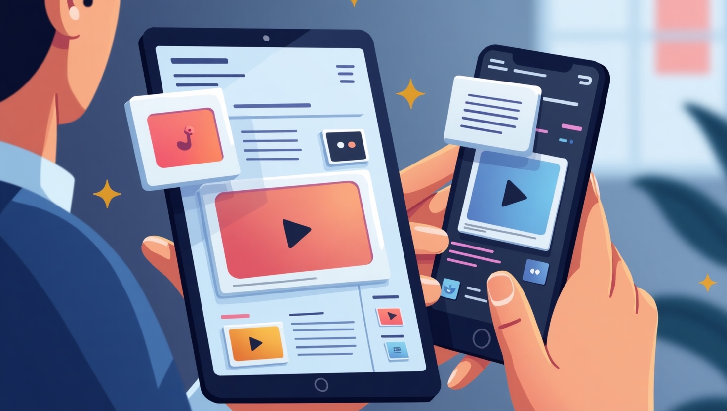 Illustration carrée en style moderne et professionnel représentant un professionnel utilisant une tablette ou un smartphone pour créer et personnaliser une vidéo verticale dynamique, avec des éléments visuels de branding tels que logo et couleurs intégrés dans l'écran, ambiance innovante et efficace, palette ReelsForger (#54387D, #3E408D, #3C579D, #47C0B4, #58A17B, #80D07E, #A5DA6F, #E1A65F, #EFCA5E, #EBE263), style illustration propre et engageante avec un focus sur la simplicité et la rapidité de création.
