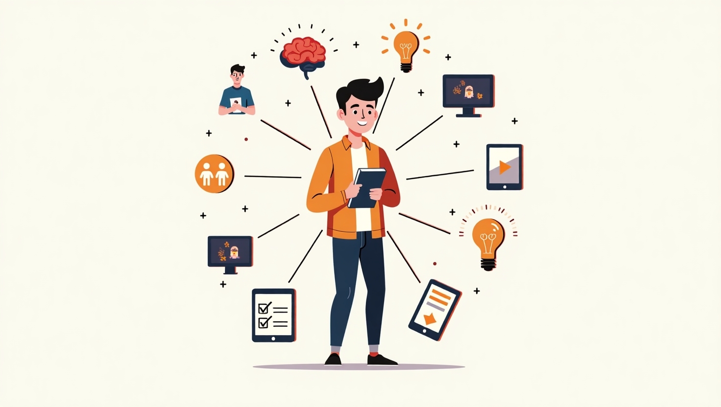 Structurer son prompt vidéo IA : la méthode en 6 étapes clés Illustration carrée en style pédagogique et moderne représentant un créateur de contenu entouré de 6 icônes ou étapes visuelles claires illustrant chaque étape de structuration d'un prompt vidéo IA, avec des éléments symbolisant la clarté, l'engagement, et la simplicité (par exemple, un cerveau ou une ampoule pour l'idée, une checklist, un smartphone avec une vidéo, une palette de couleurs), ambiance dynamique, design épuré, palette de couleurs inspirée de ReelsForger (#54387D, #3E408D, #3C579D, #47C0B4, #58A17B, #80D07E, #A5DA6F, #E1A65F, #EFCA5E, #EBE263)