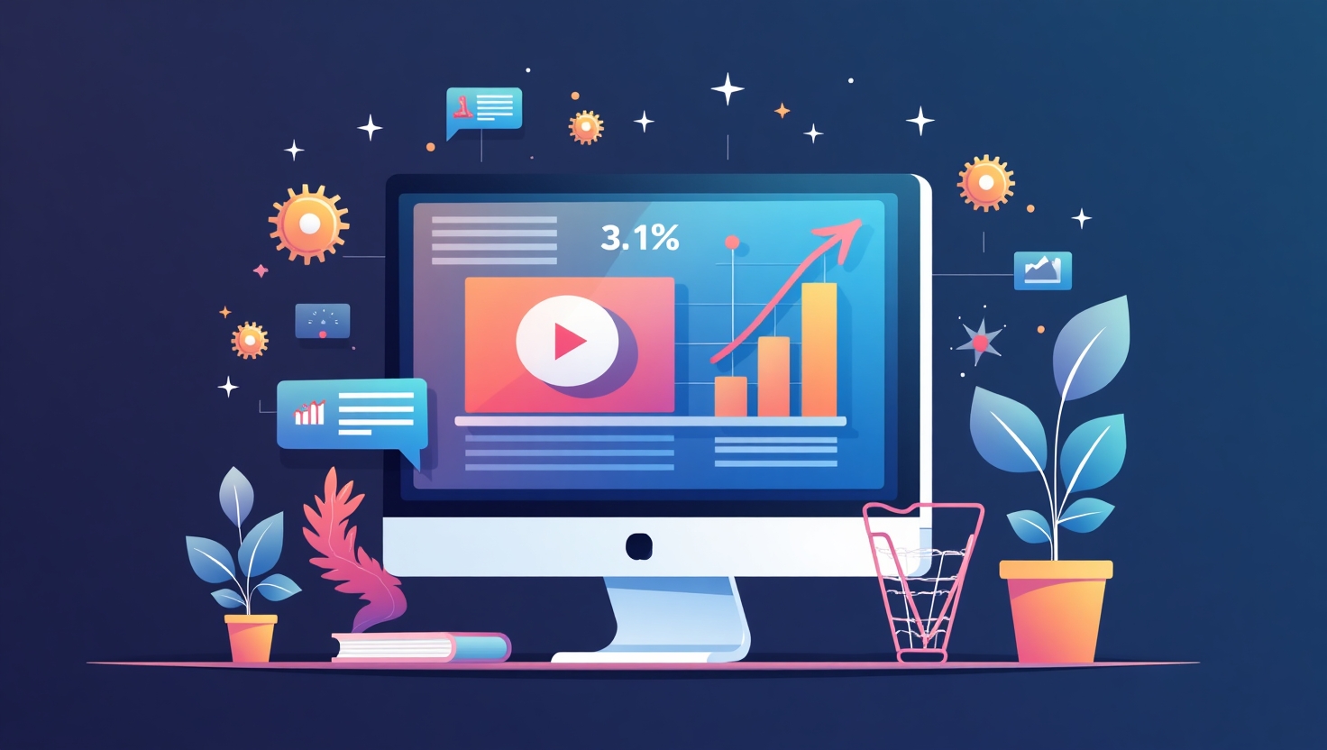 Illustration dynamique en style moderne et épuré représentant un écran d'ordinateur ou une plateforme digitale où une vidéo générée par intelligence artificielle s'affiche, entourée de graphiques chiffrés et d'icônes de croissance, symbolisant une augmentation de 31%, avec des éléments visuels évoquant le marketing digital, la performance et l'innovation, ambiance professionnelle et innovante, palette de couleurs inspirée de ReelsForger (#54387D, #3E408D, #3C579D, #47C0B4, #58A17B, #80D07E, #A5DA6F, #E1A65F, #EFCA5E, #EBE263), style illustratif moderne et clair, format carré.