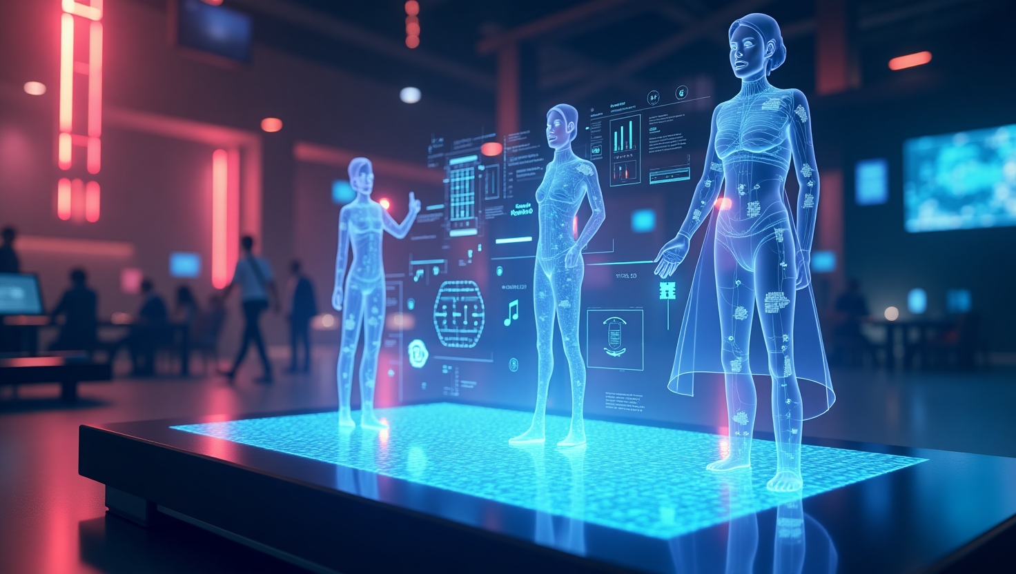 Illustration futuriste en style digital et réaliste représentant une scène de création vidéo immersive avec une interface holographique diffusant des avatars vocaux interactifs, intégrée dans un environnement high-tech, ambiance innovante et dynamique, mettant en avant des voix synthétiques en temps réel, avec des éléments graphiques évoquant la personnalisation et l'interactivité, palette ReelsForger (#54387D, #3E408D, #3C579D, #47C0B4, #58A17B, #80D07E, #A5DA6F, #E1A65F, #EFCA5E, #EBE263).