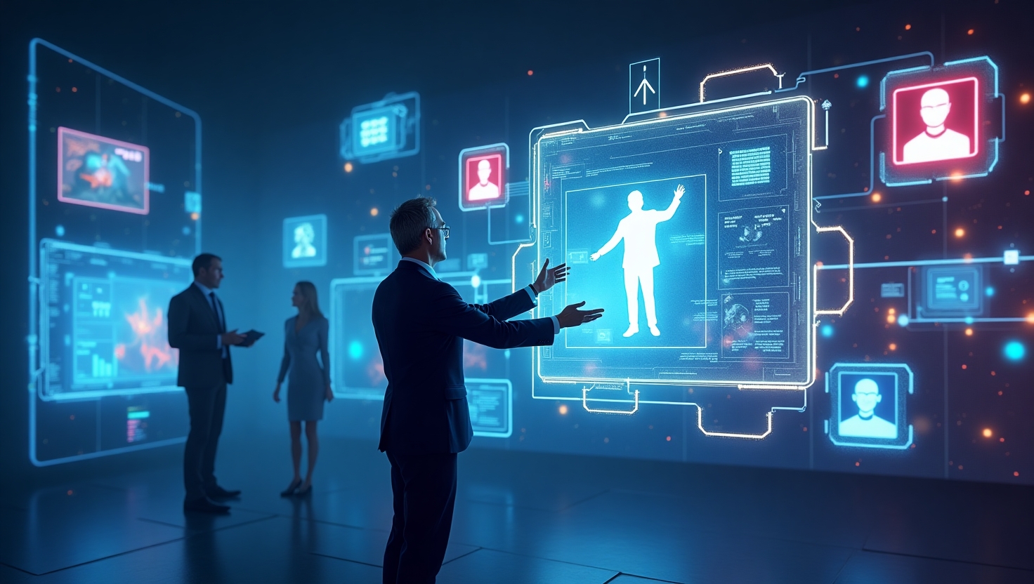 Illustration futuriste en style réaliste et professionnel, représentant un créateur ou une marque utilisant une interface sophistiquée d'intelligence artificielle pour générer des vidéos personnalisées en temps réel, avec des écrans holographiques affichant différentes scènes adaptatives et profils d'utilisateurs, ambiance innovante et dynamique, palette ReelsForger (#54387D, #3E408D, #3C579D, #47C0B4, #58A17B, #80D07E, #A5DA6F, #E1A65F, #EFCA5E, #EBE263).