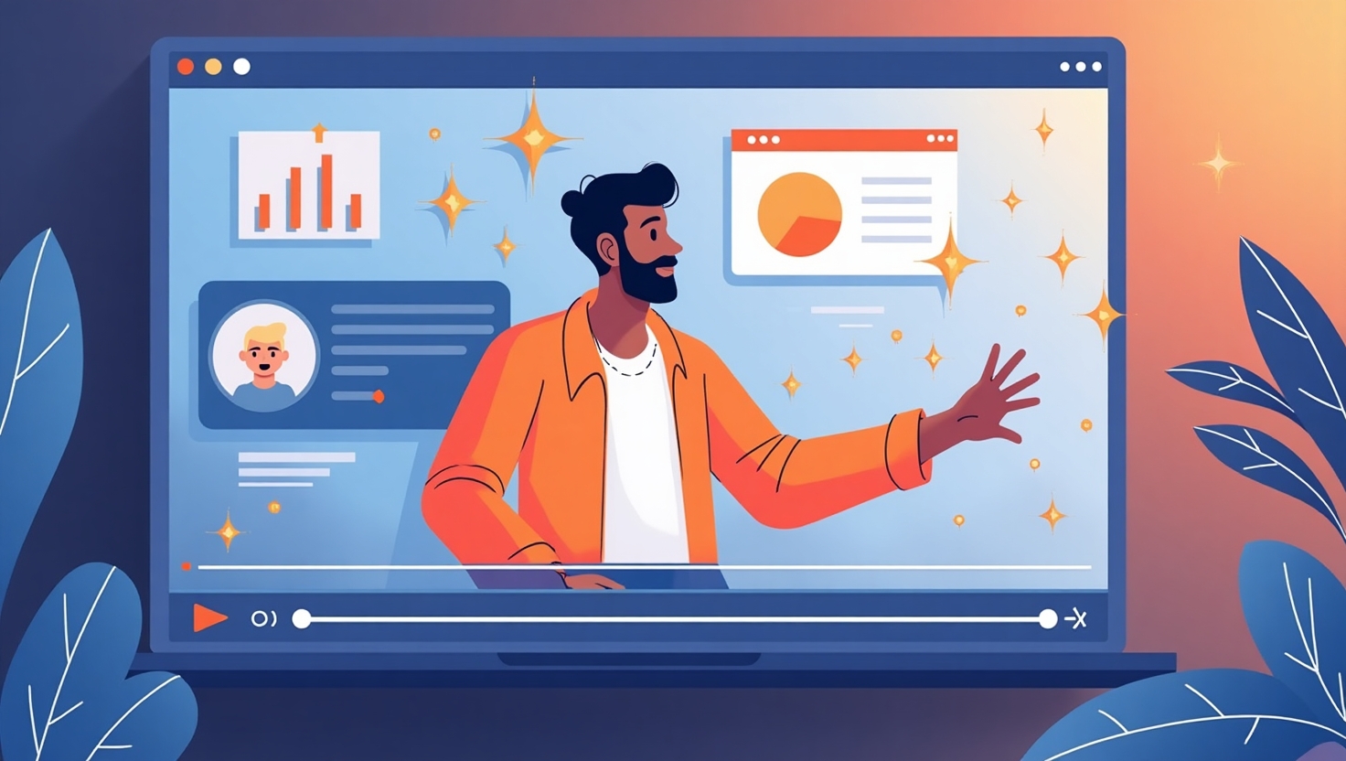 7 astuces pour captiver l’attention dès les premières secondes d’une vidéo IA Illustration moderne en style infographie dynamique représentant un créateur ou un influenceur en train de présenter une vidéo captivante sur un écran numérique, avec des éléments visuels soulignant l'engagement comme des éclats, des flèches pointant vers des techniques clés, et des expressions faciales d'attention et de surprise. L’image doit évoquer l’énergie, l’initiative et la maîtrise de l’art de capter l’attention dès le début d’une vidéo IA. Palette de couleurs inspirée par ReelsForger (#54387D, #3E408D, #3C579D, #47C0B4, #58A17B, #80D07E, #A5DA6F, #E1A65F, #EFCA5E, #EBE263). Style graphique : illustration numérique avec un rendu clair, professionnel, et rythmé, idéal pour attirer l’attention de créateurs et PME ambiants innovants. Format carré.