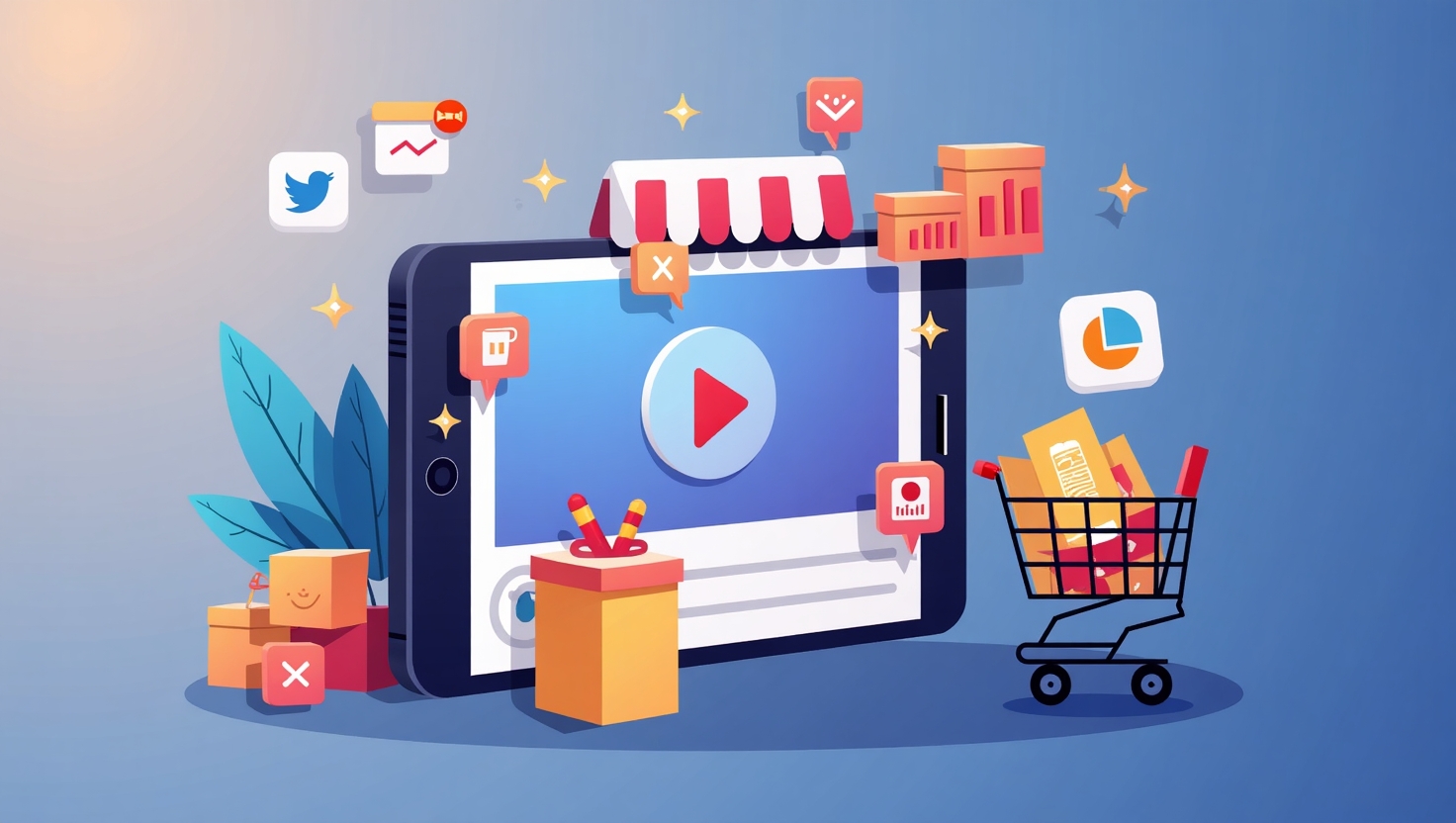 Illustration moderne et inspirante représentant un smartphone affichant une vidéo interactive avec des tags de produits cliquables, entouré d’éléments visuels qui évoquent le commerce social et l'achat en ligne, tels que des paniers d'achat, des icônes de réseaux sociaux et des graphiques analytiques, dans un style digital et pédagogique. L'ambiance doit être dynamique, avec une palette de couleurs inspirée de ReelsForger (#54387D, #3E408D, #3C579D, #47C0B4, #58A17B, #80D07E, #A5DA6F, #E1A65F, #EFCA5E, #EBE263), mettant en valeur la transformation numérique des vidéos en véritables boutiques interactives pour le social commerce en 2025.