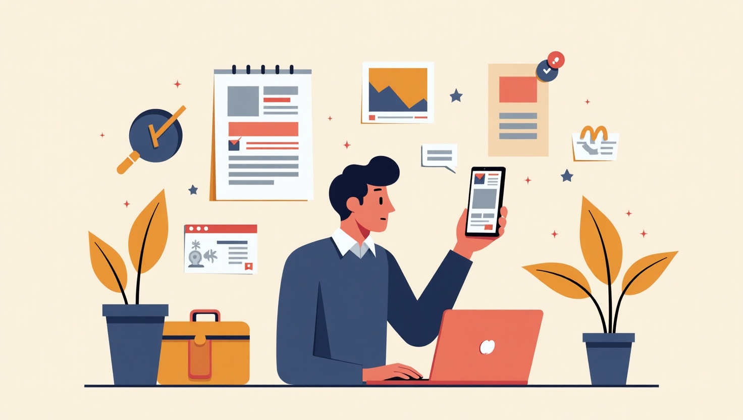 Illustration moderne et épurée en style flat design représentant un créateur de contenu réfléchissant à une vidéo courte sur un smartphone, entouré d'éléments symbolisant la simplicité, la clarté et la stratégie : une promesse claire, une preuve concrète, un appel à l'action, avec une palette de couleurs inspirée de ReelsForger (#54387D, #3E408D, #3C579D, #47C0B4, #58A17B, #80D07E, #A5DA6F, #E1A65F, #EFCA5E, #EBE263), ambiance professionnelle et motivante, format carré.