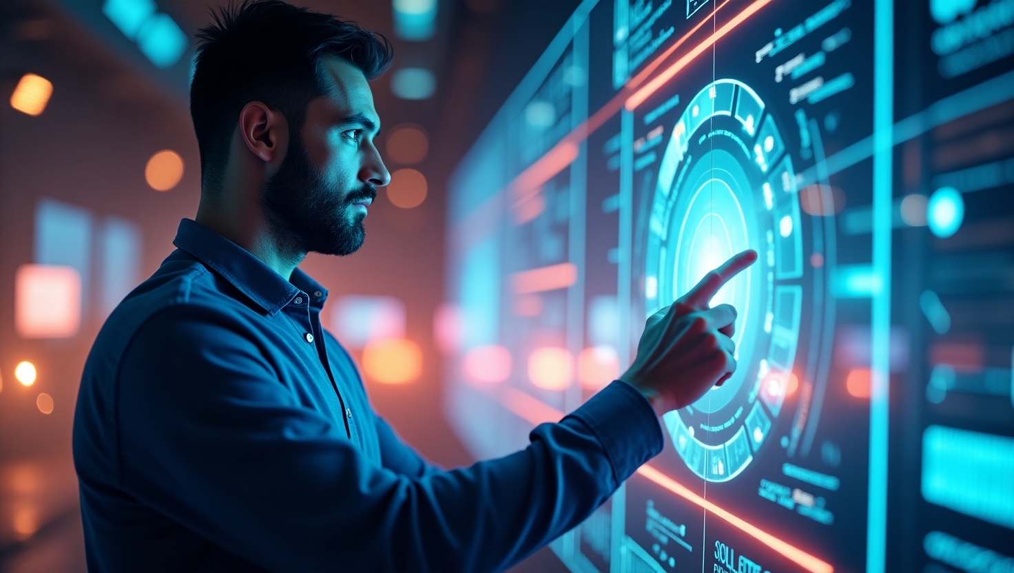 Adobe Project Fast Fill : l’IA qui révolutionne l’édition vidéo en quelques mots Illustration numérique réaliste représentant une scène vidéo futuriste en pleine édition, avec un créateur ou un professionnel utilisant une interface holographique ou un écran transparent, manipulant des éléments visuels par commandes textuelles, dans un environnement high-tech lumineux et dynamique, inspiré par l’innovation en post-production vidéo, avec une palette de couleurs basée sur le thème de la technologie avancée : #54387D, #3E408D, #3C579D, #47C0B4, #58A17B, #80D07E, #A5DA6F, #E1A65F, #EFCA5E, #EBE263, style photo réaliste ou illustration haute définition, ambiance innovante et futuriste, format paysage.