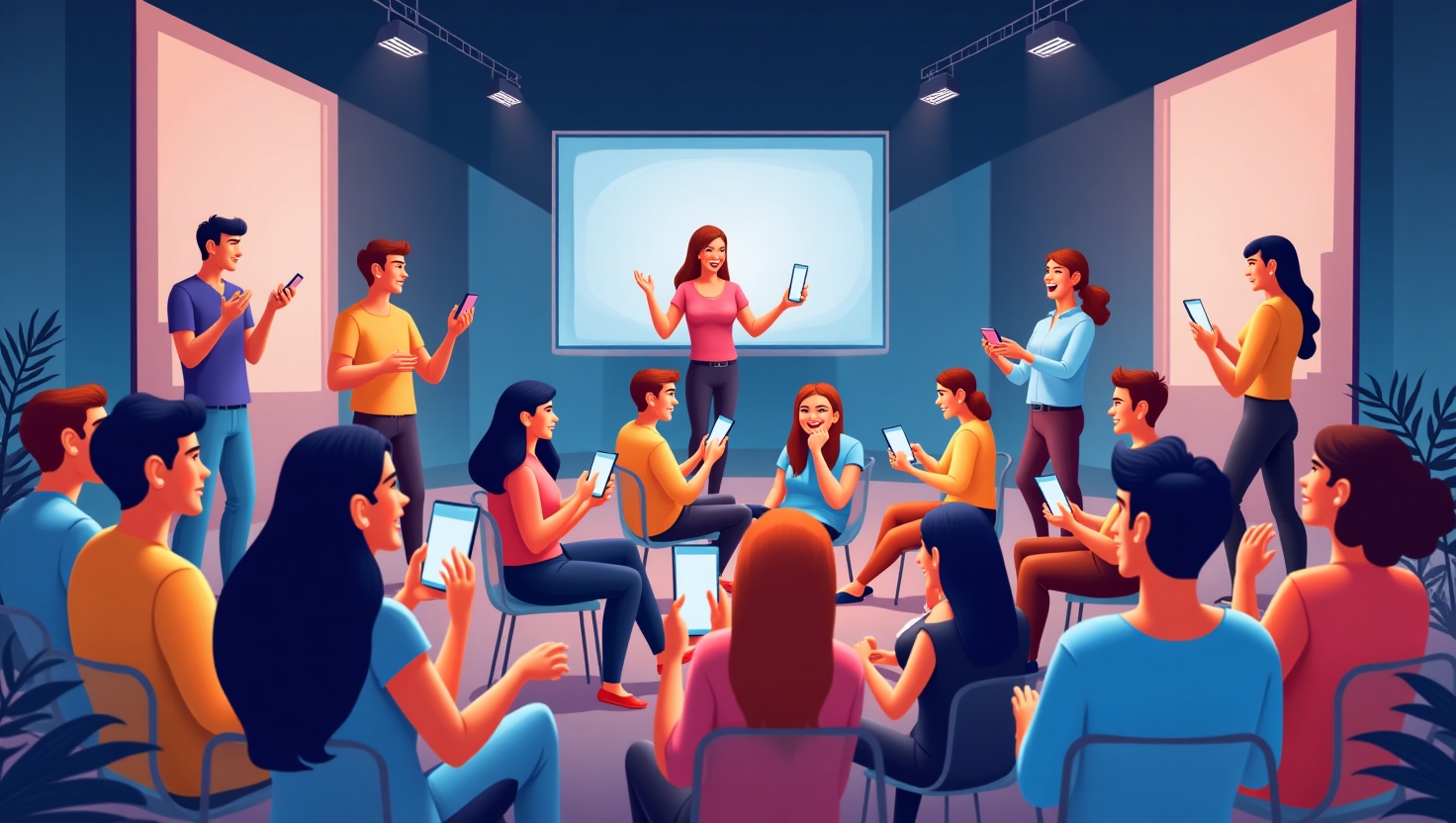 Micro-communautés vidéo : comment les créateurs révolutionnent TikTok et Instagram en 2025 Une illustration moderne et dynamique représentant des créateurs de contenu entourés de petits groupes de spectateurs engagés, utilisant des smartphones avec des interfaces de réseaux sociaux affichant des vidéos courtes, symbolisant la montée des micro-communautés vidéo en 2025. L'ambiance doit être innovante, collaborative et inspirante, avec des éléments visuels évoquant la connexion, l'authenticité, et l'interactivité. Style digital flat design ou illustration, en couleurs vives inspirées de la palette (#54387D, #3E408D, #3C579D, #47C0B4, #58A17B, #80D07E, #A5DA6F, #E1A65F, #EFCA5E, #EBE263), dans un format carré.