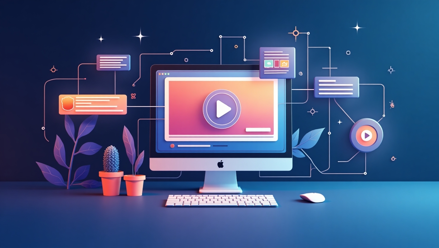 Vidéos IA et upsell automatisé : booster le panier moyen sans effort Une image moderne et dynamique illustrant l'intégration de vidéos générées par intelligence artificielle dans un processus de vente en ligne, avec des interfaces de vidéo interactives comportant des boutons de call-to-action ou recommandations personnalisées visibles à l'écran, représentée dans un style flat design ou illustration digitale. L'ambiance doit évoquer l'innovation, la persuasion subtile et la croissance commerciale, avec une palette de couleurs inspirée de ReelsForger (#54387D, #3E408D, #3C579D, #47C0B4, #58A17B, #80D07E, #A5DA6F, #E1A65F, #EFCA5E, #EBE263), en mettant en valeur un écran d'ordinateur ou smartphone affichant des éléments interactifs liés à l’upsell vidéo, dans un cadre spacieux et épuré pour représenter la simplicité et la rapidité d’implémentation.