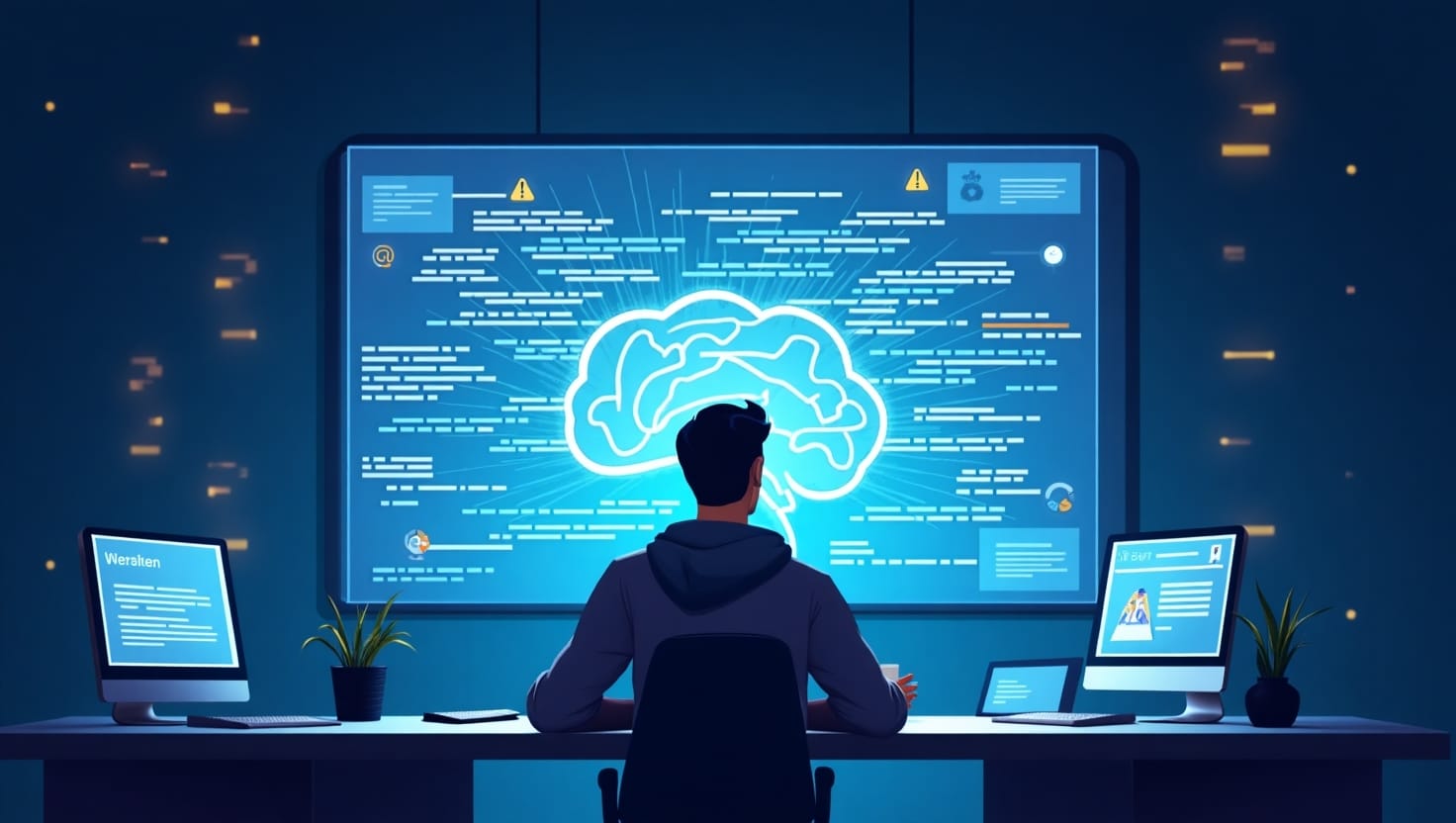 YouTube intègre la génération de scripts IA dans Creator Studio : révolution ou menace pour la créativité ? Illustration carrée en style digital moderne montrant un créateur de contenu devant un grand écran holographique affichant des lignes de script générées par intelligence artificielle, avec des icônes de claviers, de cerveau numérique et de graphique pour symboliser l'innovation technologique et la créativité, ambiance futuriste et dynamique, palette ReelsForger (#54387D, #3E408D, #3C579D, #47C0B4, #58A17B, #80D07E, #A5DA6F, #E1A65F, #EFCA5E, #EBE263).