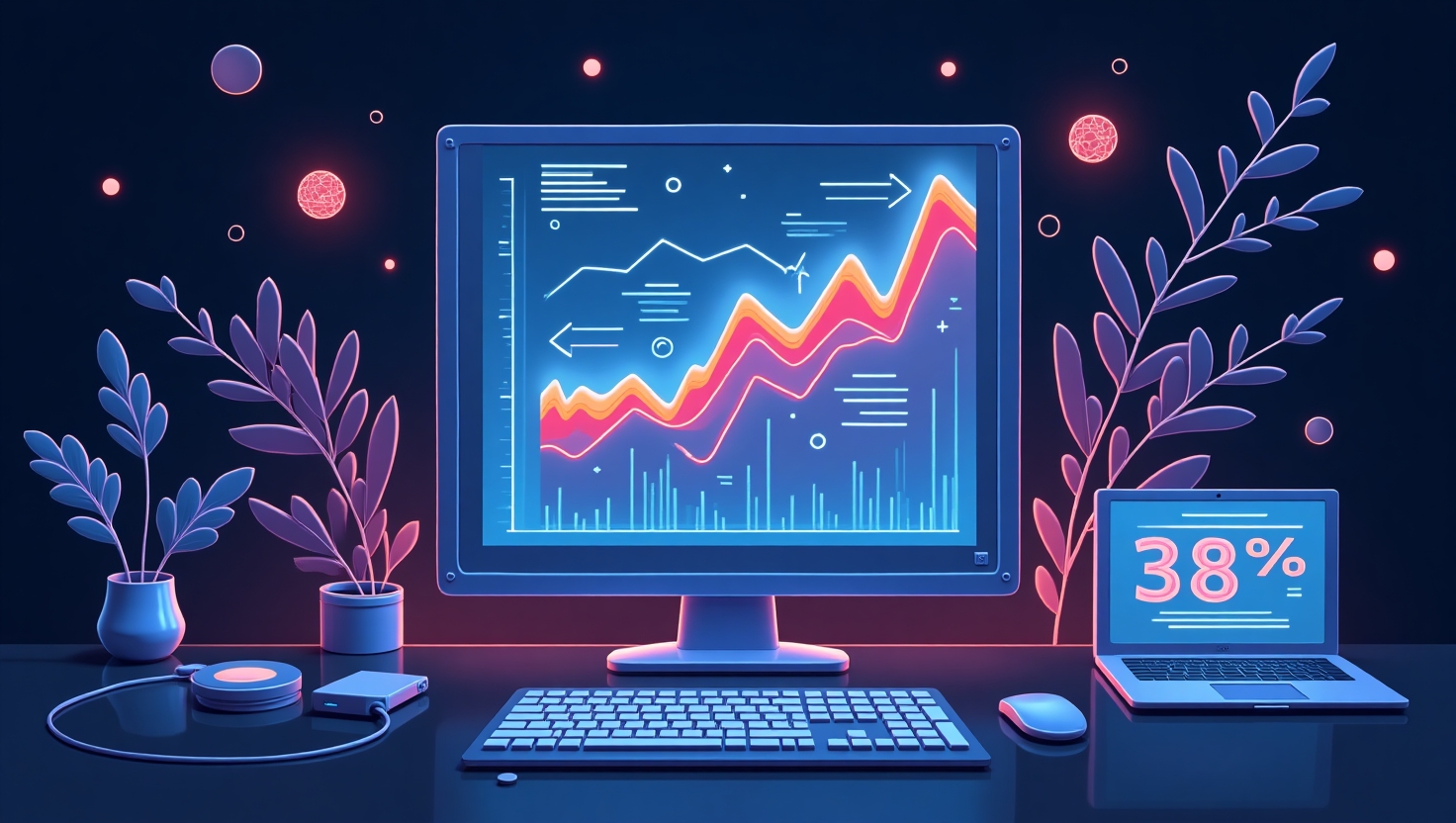 Illustration carrée en style digital moderne représentant une scène dynamique où une interface d'ordinateur ou un écran géant affiche des graphiques en croissance, symbolisant l'augmentation de 38% de performance, entourée d'éléments visuels liés à la vidéo, l'intelligence artificielle et le marketing numérique. Incorporer des icônes de caméras, de circuits imprimés et de chiffres clés pour évoquer la révolution de l'IA dans l'engagement vidéo, dans une palette de couleurs inspirée de ReelsForger (#54387D, #3E408D, #3C579D, #47C0B4, #58A17B, #80D07E, #A5DA6F, #E1A65F, #EFCA5E, #EBE263), avec une ambiance professionnelle et innovante, style illustration numérique aux lignes épurées et à la lumière vibrante.