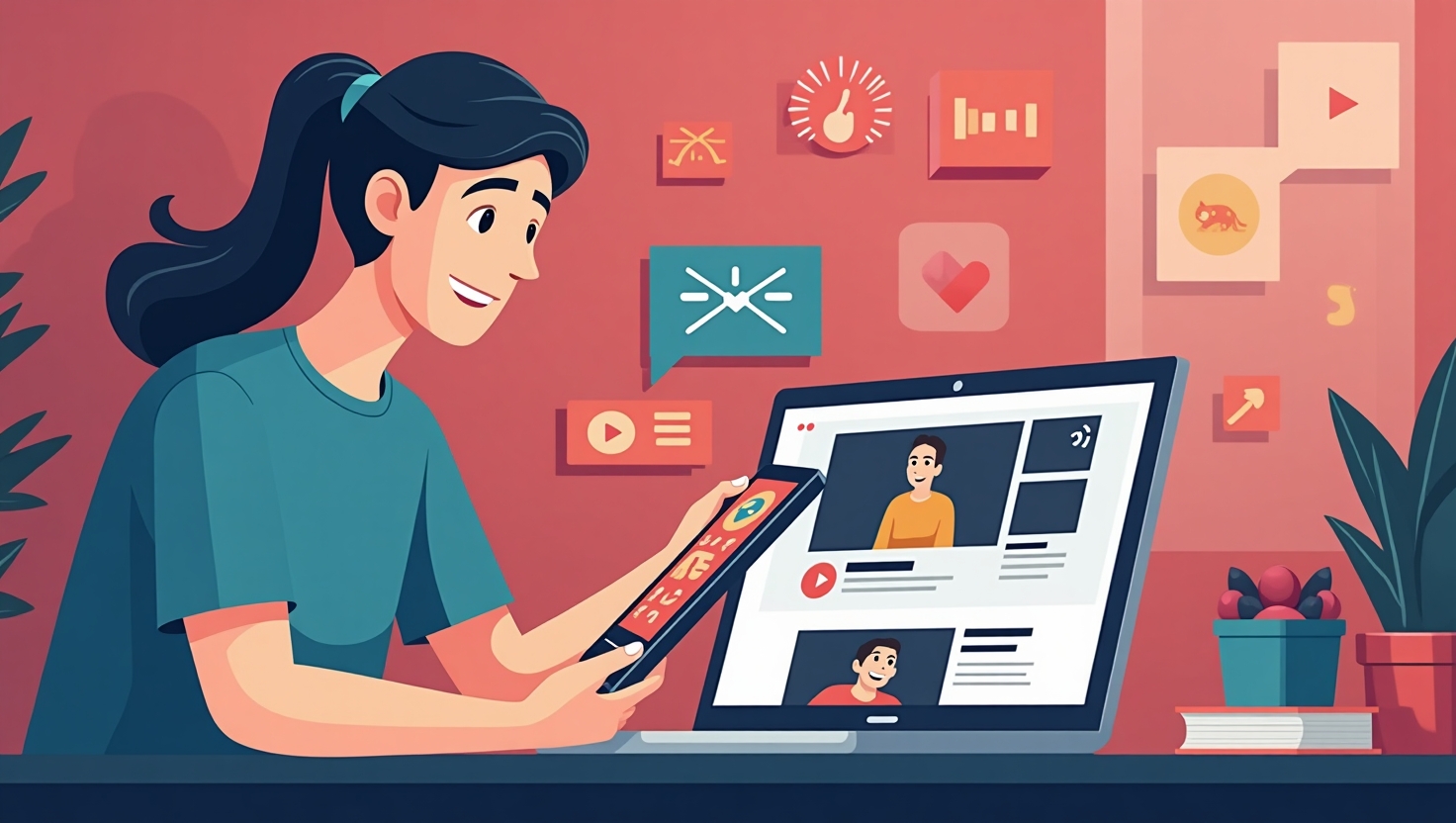 Comment séduire YouTube avec vos miniatures IA : checklist 2025 Illustration carrée en style flat design dynamique représentant un créateur ou un marketer utilisant une tablette ou un ordinateur portable pour concevoir une miniature YouTube avec des éléments visuels accrocheurs et modernes, intégrant des images de miniatures YouTube virales aux couleurs vibrantes, avec des rapports de contraste et des textes d'accroche percutants en surimpression, dans un univers numérique futuriste évoquant 2025, ambiance pédagogique et motivante, paletteReelsForger (#54387D, #3E408D, #3C579D, #47C0B4, #58A17B, #80D07E, #A5DA6F, #E1A65F, #EFCA5E, #EBE263).