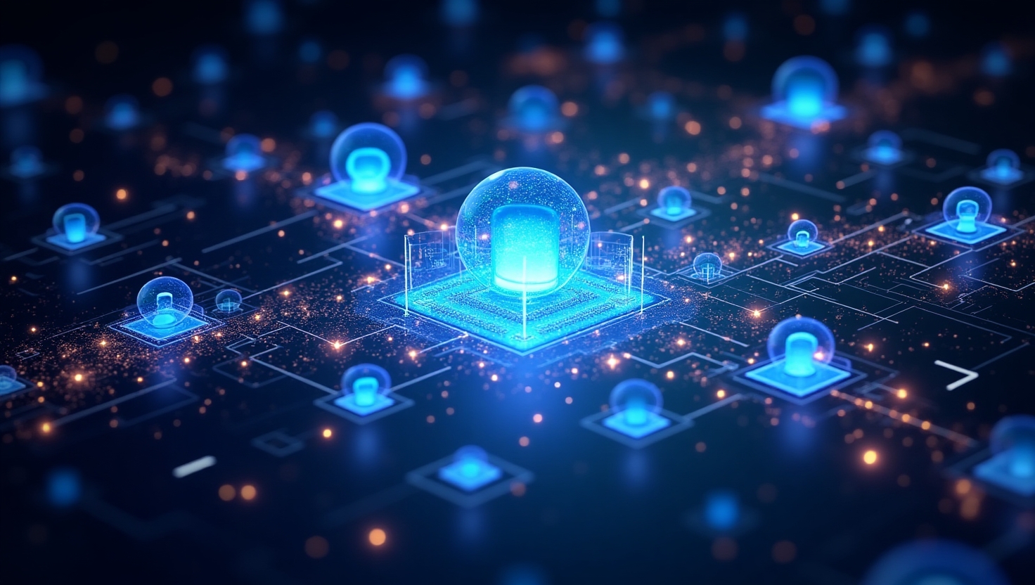 Illustration carrée en style futuriste et technologique représentant une interface numérique avancée avec des flux vidéo génératifs en 3D, des éléments holographiques et des icônes d'intelligence artificielle, évoquant l'innovation et la créativité dans la production vidéo, ambiance moderne, dynamique et inspirante, palette ReelsForger (#54387D, #3E408D, #3C579D, #47C0B4, #58A17B, #80D07E, #A5DA6F, #E1A65F, #EFCA5E, #EBE263).