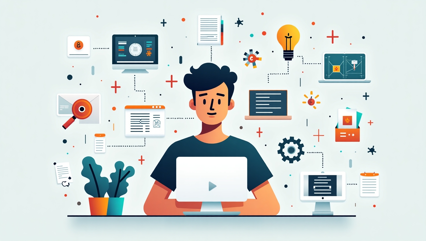 Illustration carrée en style infographic moderne représentant un créateur solo au centre, entouré d'éléments visuels symbolisant chaque étape d’un workflow vidéo automatisé : une lampe pour l'idéation, une plume pour l’écriture de scripts, un ordinateur avec une scène vidéo pour la production, une icône de montage automatisé, des sous-titres flottants, des éléments visuels personnalisés, des divers formats d'écran, et une icône de planification et de gestion de fichiers. L’ambiance doit être pragmatique et motivante, avec une esthétique épurée et professionnelle. Utilise une palette de couleurs inspirée de ReelsForger (#54387D, #3E408D, #3C579D, #47C0B4, #58A17B, #80D07E, #A5DA6F, #E1A65F, #EFCA5E, #EBE263) pour une cohérence visuelle harmonieuse.