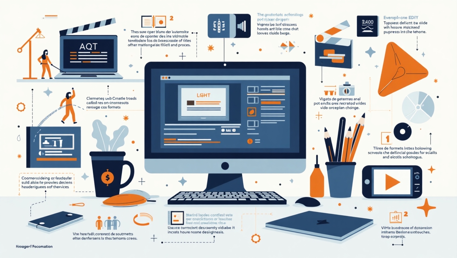10 automatismes IA à paramétrer pour gagner un temps fou en vidéo Illustration carrée en style infographie moderne et pédagogique représentant un workspace numérique avec divers éléments liés à la production vidéo automatisée : écrans affichant des sous-titres générés automatiquement, appareils avec des contrastes visuels ajustés, icônes de formats adaptatifs pour réseaux sociaux, scripts s'échappant d'une IA, vignettes miniatures, et outils d'édition audio. L'atmosphère doit être positive, claire et encourageante, illustrant la facilité d'utilisation des automatisme IA pour simplifier la création vidéo. Utiliser une palette de couleurs inspirée de ReelsForger (#54387D, #3E408D, #3C579D, #47C0B4, #58A17B, #80D07E, #A5DA6F, #E1A65F, #EFCA5E, #EBE263), avec un style graphique professionnel, accessible et illustratif, idéal pour une audience de PME et créateurs débutants.