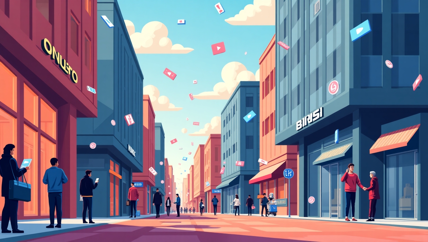 Illustration carrée en style innovant et dynamique représentant une scène urbaine moderne où des créateurs et marques utilisent des smartphones pour partager des vidéos éphémères flottant dans l'air, avec des écrans et des icônes d'horloge, symbolisant la courte durée de vie du contenu. L'ambiance doit évoquer la créativité, l'urgence et l'innovation, avec des couleurs vibrantes inspirées de la palette ReelsForger (#54387D, #3E408D, #3C579D, #47C0B4, #58A17B, #80D07E, #A5DA6F, #E1A65F, #EFCA5E, #EBE263). Style moderne, épuré, avec une touche de futurisme pour illustrer la révolution des formats vidéo en 2025.