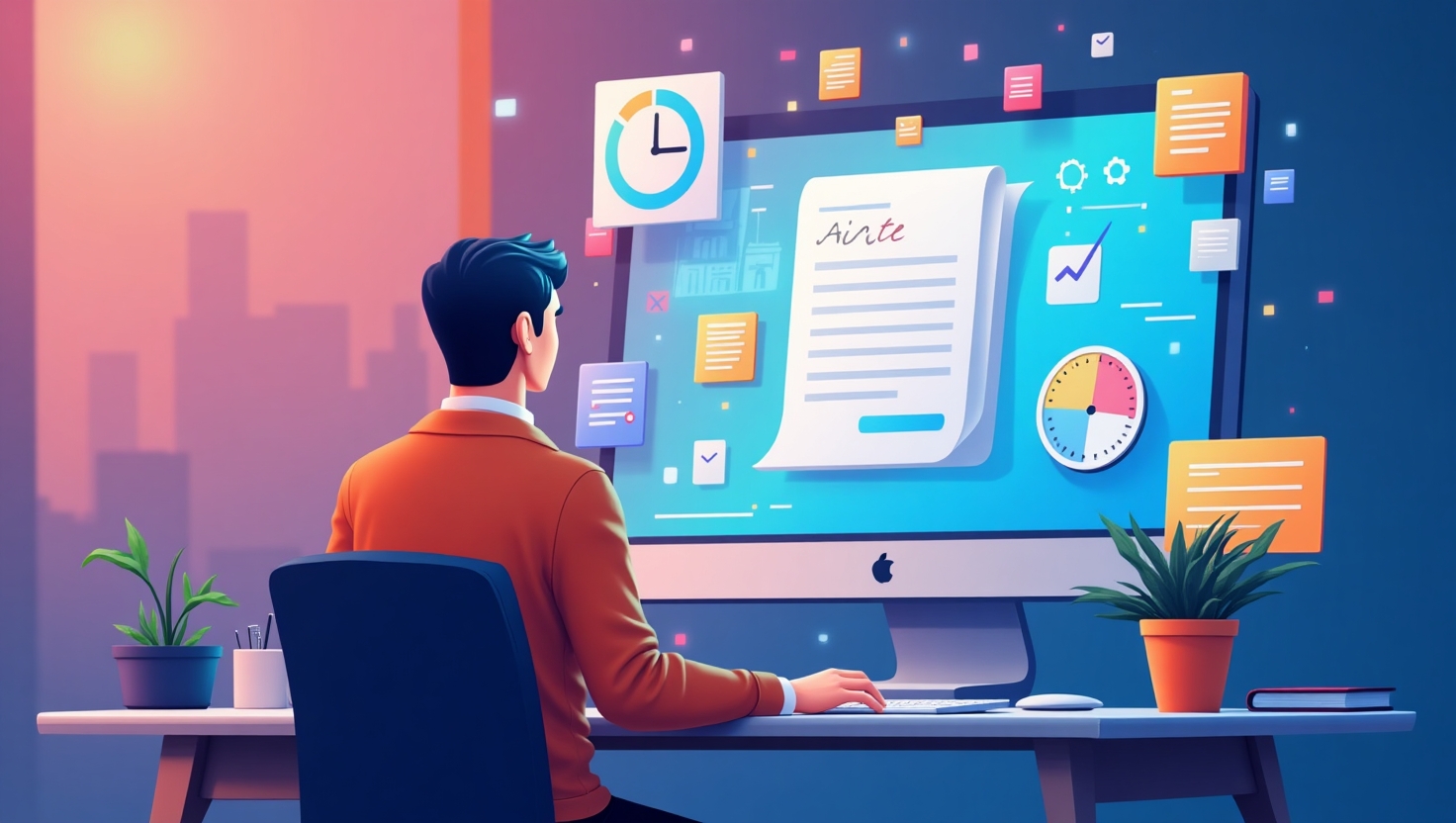 Illustration carrée en style pédagogique dynamique montrant un créateur de contenu en train de concevoir une vidéo IA sur un écran futuriste, entouré d’icônes représentant le script, le chronomètre, la caméra, la palette de couleurs, et des éléments motivants comme des checklists. L’atmosphère doit être à la fois professionnelle et motivante, avec une ambiance éducative moderne et claire. Palette de couleurs inspirée de ReelsForger (#54387D, #3E408D, #3C579D, #47C0B4, #58A17B, #80D07E, #A5DA6F, #E1A65F, #EFCA5E, #EBE263).