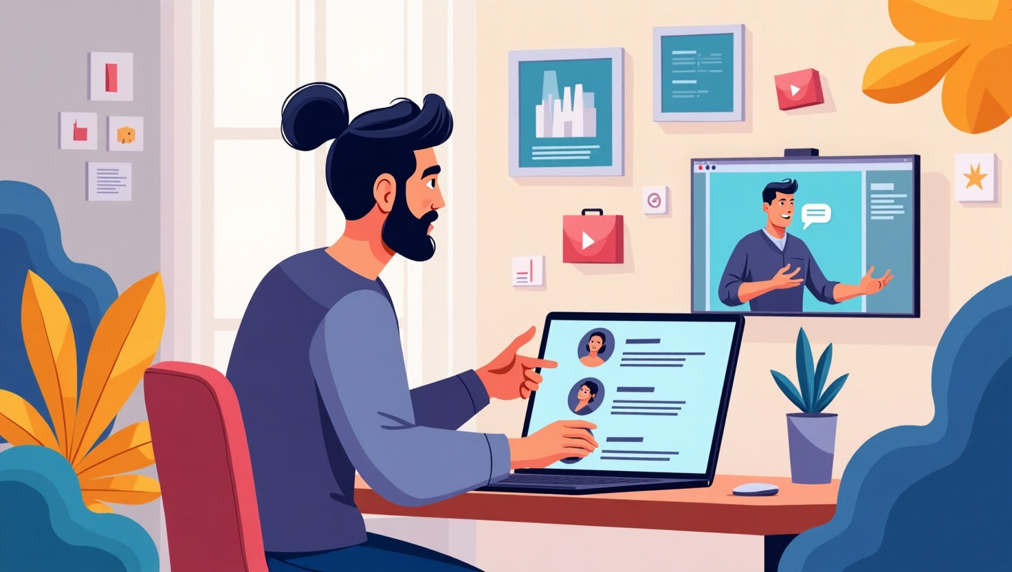 Maîtriser les prompts vidéo IA : 10 formules pour décupler la créativité Illustration carrée en style pédagogique et moderne représentant un professionnel ou un créateur utilisant une tablette ou un ordinateur pour rédiger un prompt vidéo IA, entouré d'éléments graphiques symbolisant la créativité, la narration, les effets visuels et la viralité, ambiance inspirante et dynamique, palette de couleurs basée sur ReelsForger (#54387D, #3E408D, #3C579D, #47C0B4, #58A17B, #80D07E, #A5DA6F, #E1A65F, #EFCA5E, #EBE263).