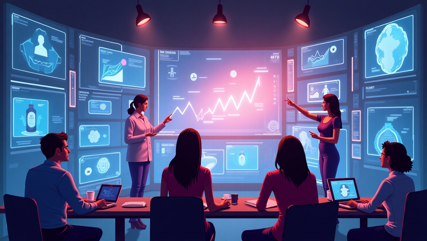 Comment Rituals a révolutionné sa stratégie digitale avec la vidéo IA personnalisée Illustration carrée en style réaliste et moderne représentant une scène dynamique d'une équipe marketing utilisant des écrans holographiques affichant des vidéos de beauté et bien-être personnalisées via intelligence artificielle, avec des symboles de croissance, engagement et diversité d'audience, ambiance inspirante et professionnelle, palette ReelsForger (#54387D, #3E408D, #3C579D, #47C0B4, #58A17B, #80D07E, #A5DA6F, #E1A65F, #EFCA5E, #EBE263).