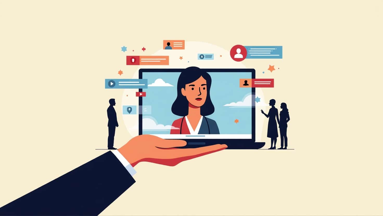 Pourquoi la transparence devient le nouveau standard de la vidéo IA en 2025 Illustration carrée en style réaliste et professionnel représentant une main tenant un écran moderne affichant une vidéo où une silhouette humaine est fusionnée avec des éléments numériques et transparents, symbolisant la transparence et l'authenticité dans la vidéo IA. En arrière-plan, des silhouettes de personnes et des panneaux ou badges d'authenticité évoquant la confiance et l'éthique. L'ambiance doit être sérieuse mais innovante, avec une palette de couleurs inspirée de ReelsForger (#54387D, #3E408D, #3C579D, #47C0B4, #58A17B, #80D07E, #A5DA6F, #E1A65F, #EFCA5E, #EBE263). Style visuel moderne, propre et clair, mettant en avant la transparence et la responsabilité dans la création vidéo avec l'IA.