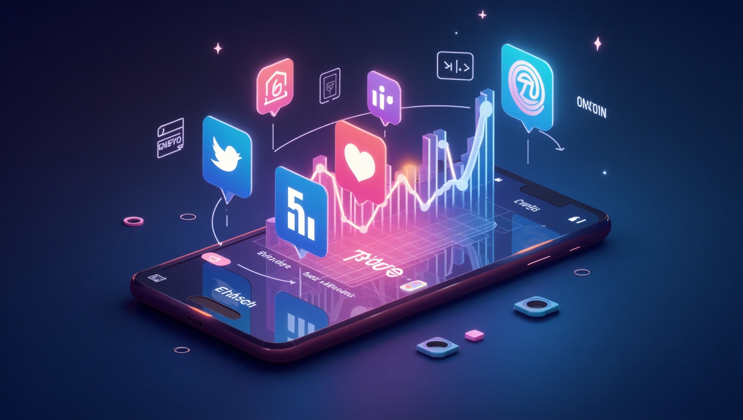 Illustration carrée représentant une interface d'analyse de vidéos sur un smartphone ou un ordinateur, mettant en avant un nouveau compteur 'Repost' lumineux et dynamique, entouré d'icônes symbolisant la viralité, le partage, et l'engagement, dans un style moderne et professionnel. L'ambiance doit évoquer l'innovation dans le marketing digital, avec un focus sur la croissance et la diffusion des contenus vidéo. Utiliser une palette de couleurs inspirée de la marque, comprenant #54387D, #3E408D, #3C579D, #47C0B4, #58A17B, #80D07E, #A5DA6F, #E1A65F, #EFCA5E, #EBE263.