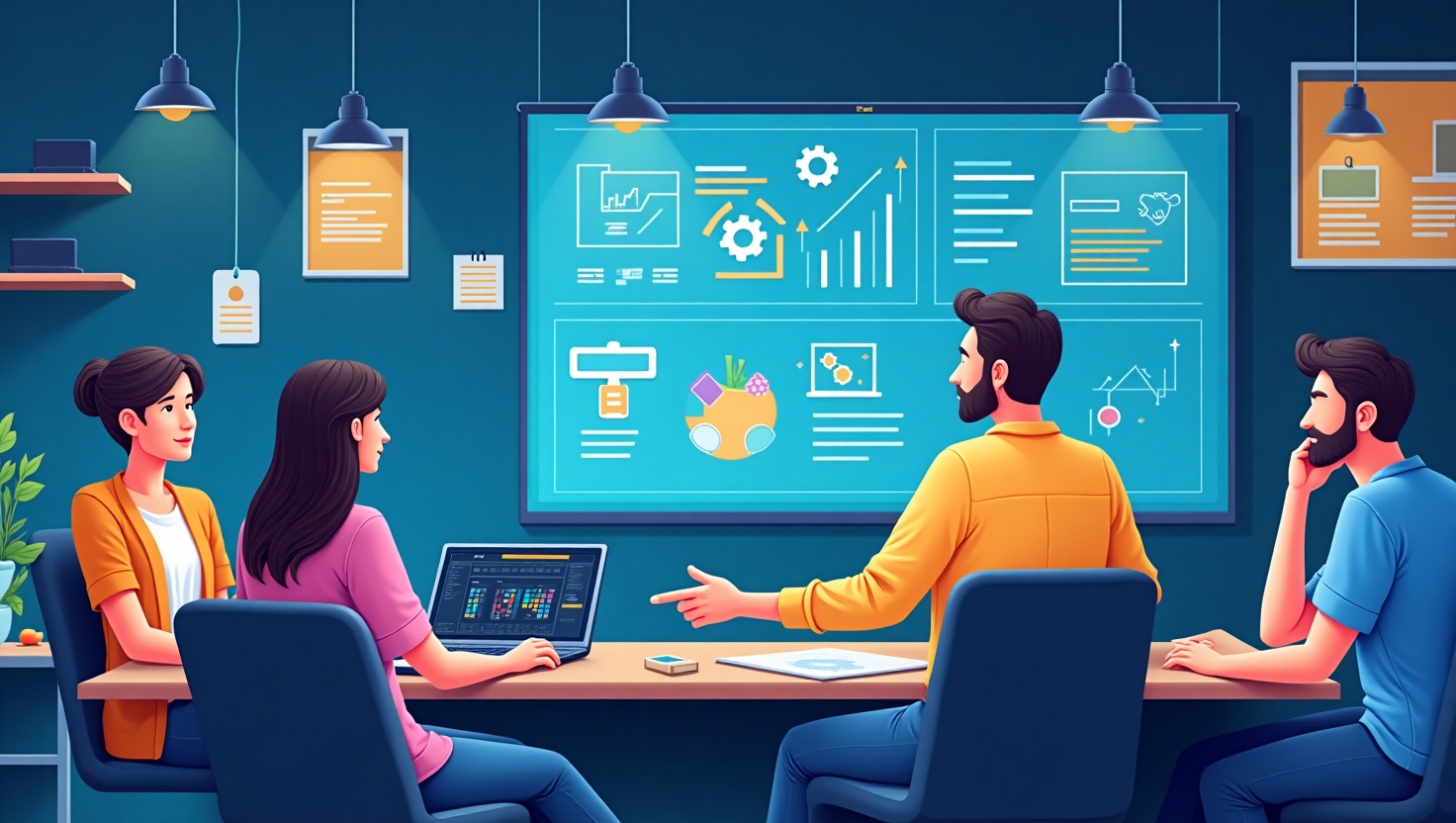 Illustration détaillée d’un créateur ou d’une petite équipe entourée d’écrans et de projecteurs, manipulant des outils numériques évoquant l’intelligence artificielle et la production vidéo, dans un environnement moderne et technologique. L’image doit exprimer l’optimisme, la pédagogie et la stratégie, avec une ambiance professionnelle et innovante. Utiliser un style illustration ou infographie claire, avec une palette de couleurs inspirée de ReelsForger (#54387D, #3E408D, #3C579D, #47C0B4, #58A17B, #80D07E, #A5DA6F, #E1A65F, #EFCA5E, #EBE263). L’ambiance doit évoquer la réflexion stratégique, la formation et l’intégration technologique pour la création vidéo de demain, dans une composition équilibrée et dynamique.