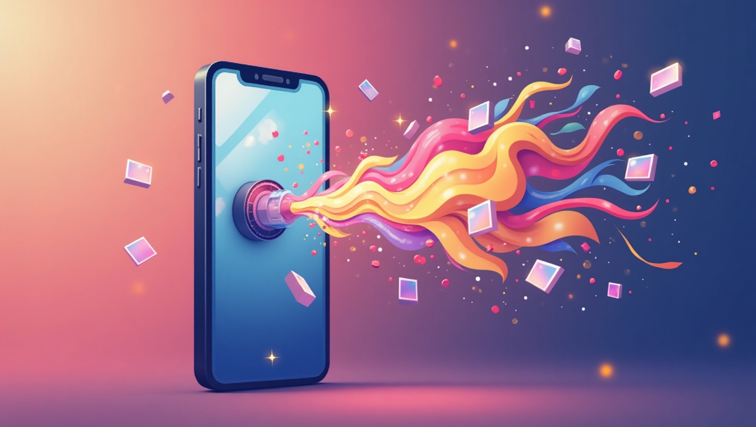 TikTok lance AI Alive : transformer ses photos en vidéos devient un jeu d’enfant Illustration dynamique en flat design représentant un smartphone écran affichant une photo statique en train de se transformer en vidéo fluide et colorée, avec des éclats de mouvement et des effets lumineux évoquant la vivacité, ambiance moderne et innovante, palette ReelsForger (#54387D, #3E408D, #3C579D, #47C0B4, #58A17B, #80D07E, #A5DA6F, #E1A65F, #EFCA5E, #EBE263), style clair et attrayant adapté à une audience jeune et créative, format carré.