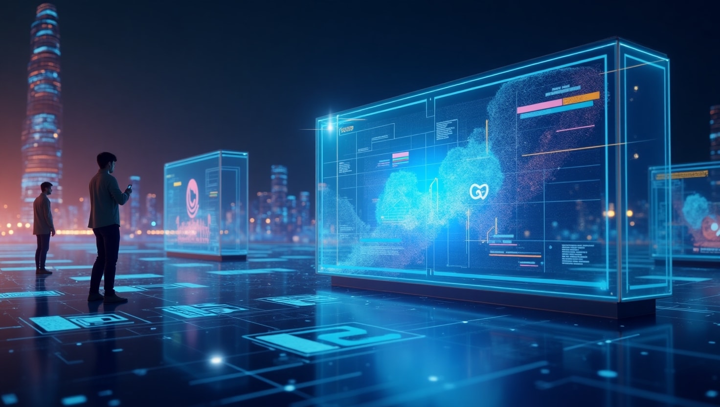 Illustration futuriste en style digital art représentant un grand écran semi-transparent flottant dans un environnement high-tech, affichant des graphiques d'analyse vidéo, des symboles d'intelligence artificielle, et des flux de données en mouvement. Des créateurs de contenu et des professionnels du marketing interagissent avec des interfaces holographiques, dans une ambiance moderne, innovante et épurée. La palette de couleurs s'inspire des tons ReelsForger (#54387D, #3E408D, #3C579D, #47C0B4, #58A17B, #80D07E, #A5DA6F, #E1A65F, #EFCA5E, #EBE263), avec une ambiance dynamique et professionnelle, pour illustrer la révolution technologique dans l’analyse et la création vidéo.