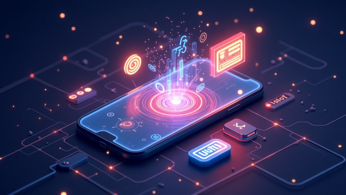 Illustration futuriste et dynamique représentant un smartphone affichant l'interface d'une plateforme de vidéos courtes avec des éléments visuels évoquant la révolution technologique, des flux lumineux et des icônes symbolisant la personnalisation, la viralité et l'intelligence artificielle, dans un style moderne avec une ambiance innovante. La scène doit utiliser une palette de couleurs inspirée des teintes ReelsForger (#54387D, #3E408D, #3C579D, #47C0B4, #58A17B, #80D07E, #A5DA6F, #E1A65F, #EFCA5E, #EBE263). Format carré pour une utilisation flexible, avec des éléments visuels évoquant la transformation profonde de l'algorithme et l'évolution de la création vidéo en 2025.