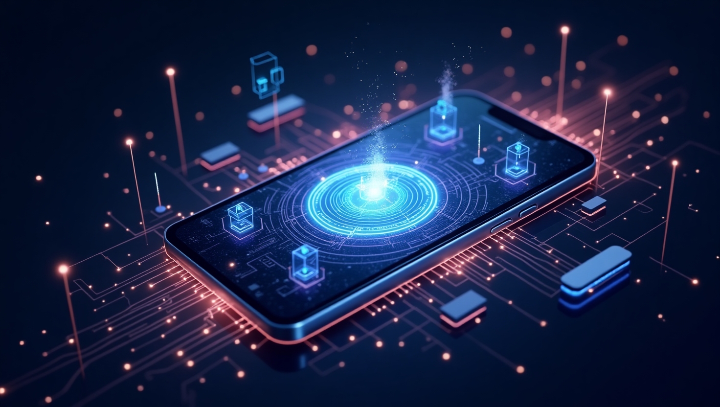 Illustration moderne en style digital artistique représentant un smartphone Android avec une interface fluide de création vidéo, entouré d’éléments symbolisant l’intelligence artificielle, comme des circuits électroniques et des lumières futuristes, ambiance innovante et inspirante, palette ReelsForger (#54387D, #3E408D, #3C579D, #47C0B4, #58A17B, #80D07E, #A5DA6F, #E1A65F, #EFCA5E, #EBE263), format paysage.