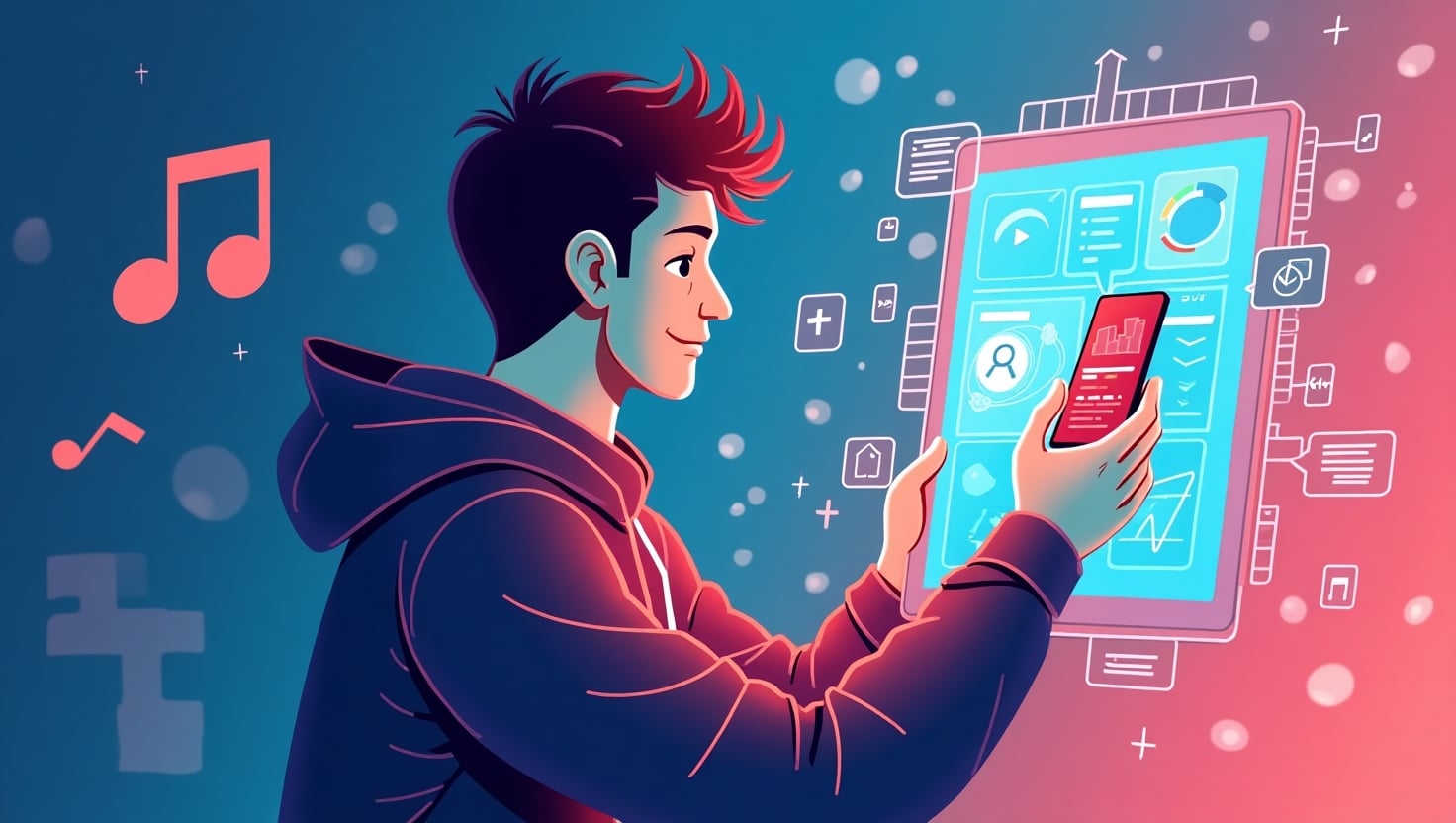 YouTube Shorts Studio : L’arme ultime pour démocratiser la création verticale mobile Illustration moderne en style digital et dynamique représentant un créateur mobile utilisant une application de montage vidéo verticale sur un smartphone, entouré d’effets IA, d’éléments musicaux, et d’interfaces flottantes symbolisant l’intelligence artificielle et la création simplifiée, ambiance innovante et inspirante, palette ReelsForger (#54387D, #3E408D, #3C579D, #47C0B4, #58A17B, #80D07E, #A5DA6F, #E1A65F, #EFCA5E, #EBE263), format carré.